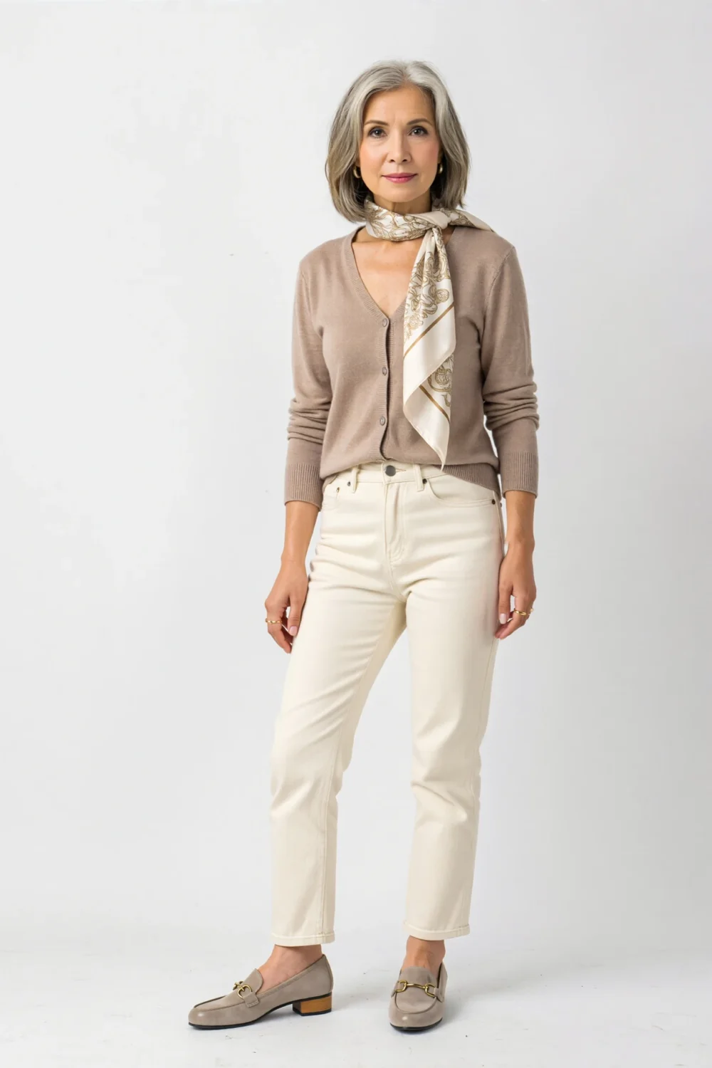 Woman in ecru straight jeans, tonal twinset, and patterned silk scarf for a refined, softly classic grown-chic look