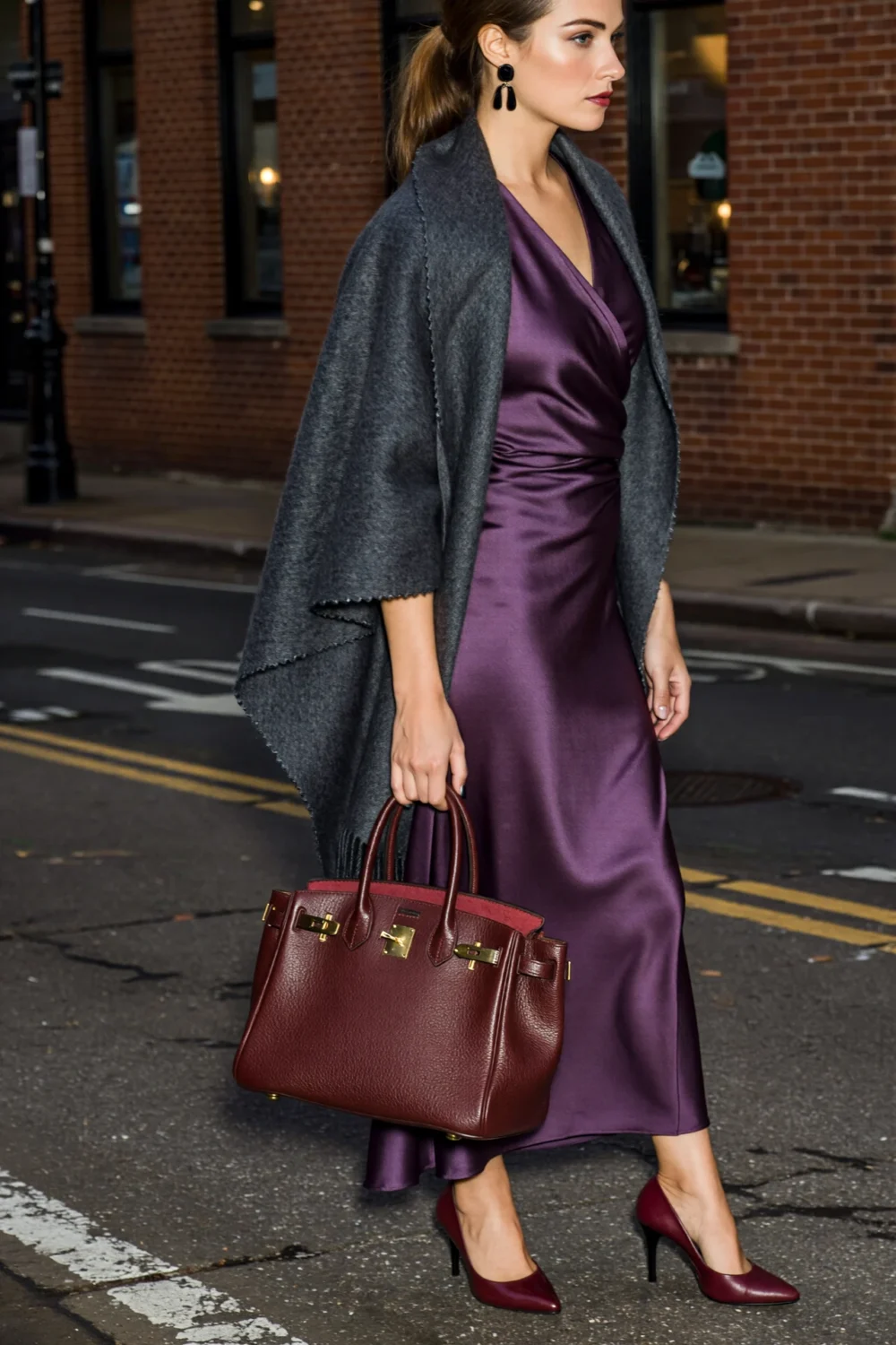 Woman in an eggplant purple dress with charcoal wrap, black onyx earrings, and burgundy purse on a city street in cool weather