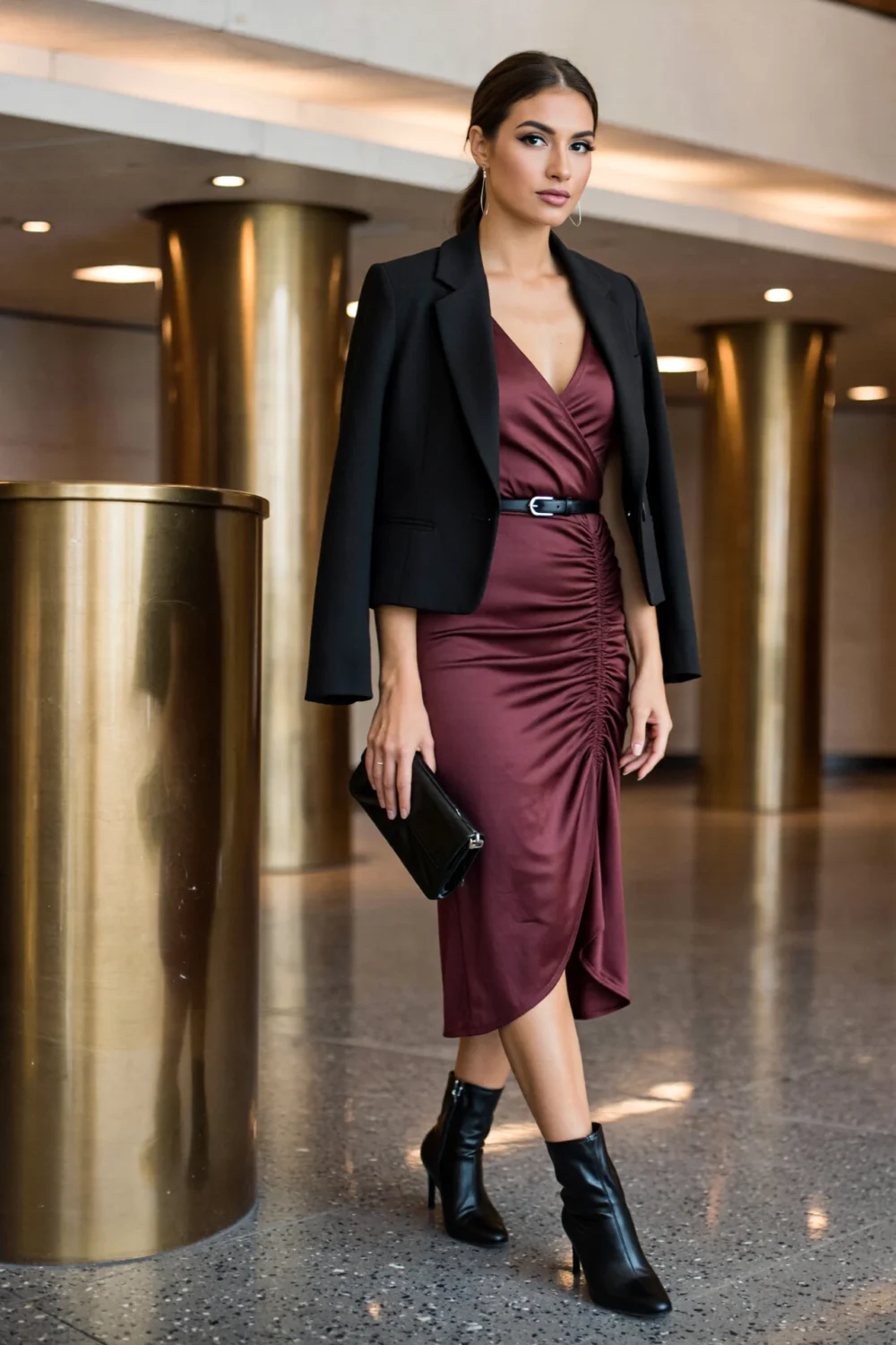 Woman in an elegant burgundy midi wrap dress with ruched side and black belt, wearing a fitted blazer, clutch and ankle boots.