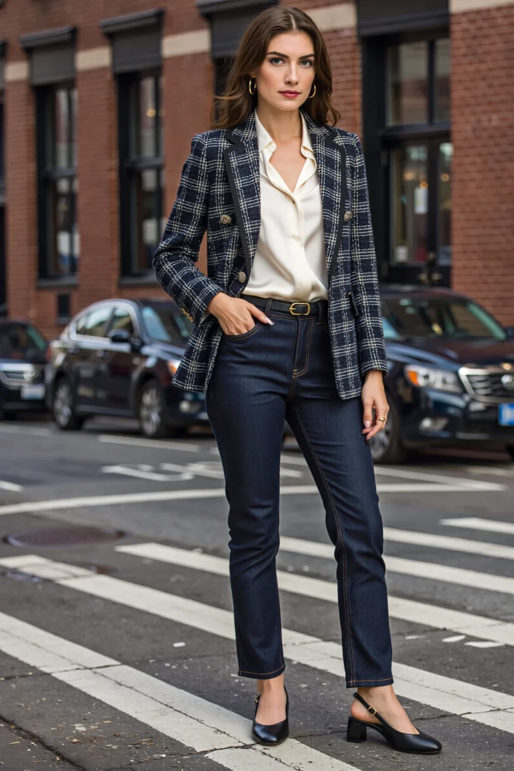 Woman in plaid blazer, satin blouse and dark jeans creates an elevated, polished Broadway show outfit on a city street.