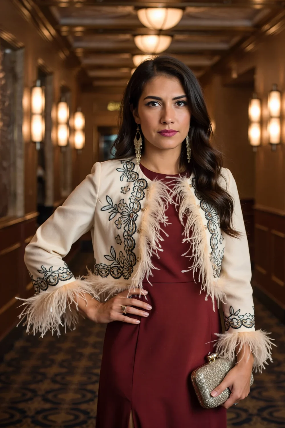 Woman in feather-trim embroidered cropped bolero over burgundy gown, framing waist, holding gold clutch and statement earrings.