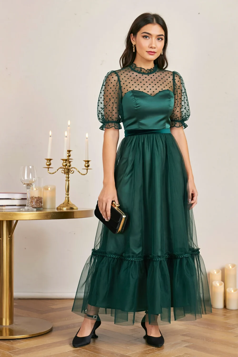 Emerald tea dress with Swiss-dot sheer yoke, ruffled neckline, puff sleeves and airy tulle skirt for a dreamy autumn look.