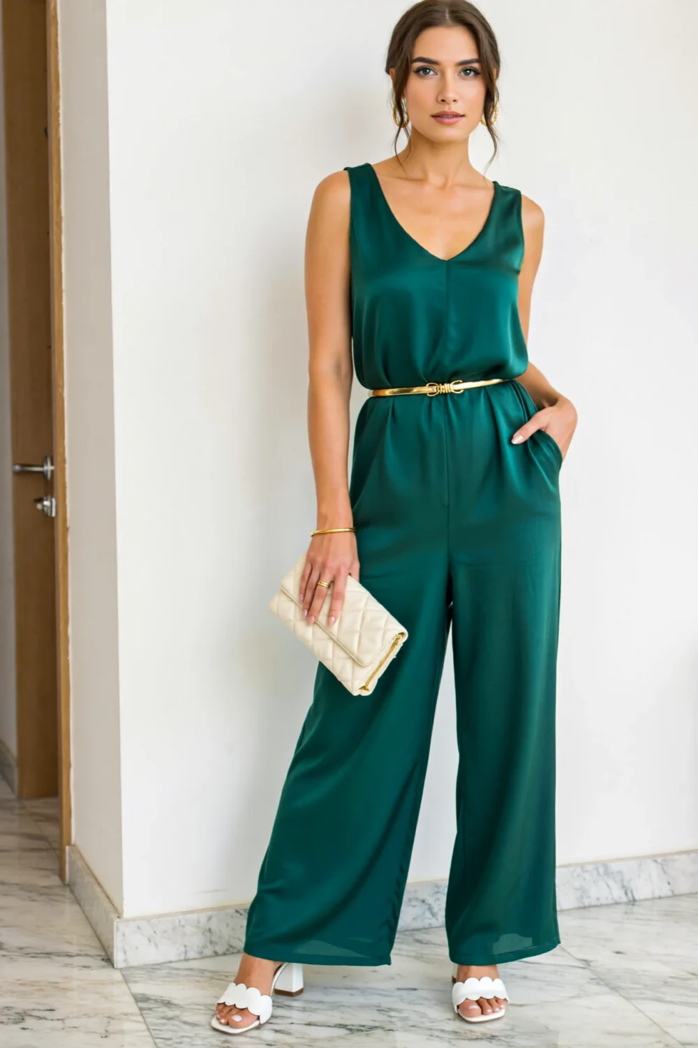 Model in deep-emerald crepe wide-leg jumpsuit with cinched waist and pockets, holding ivory quilted clutch and white scallop heels