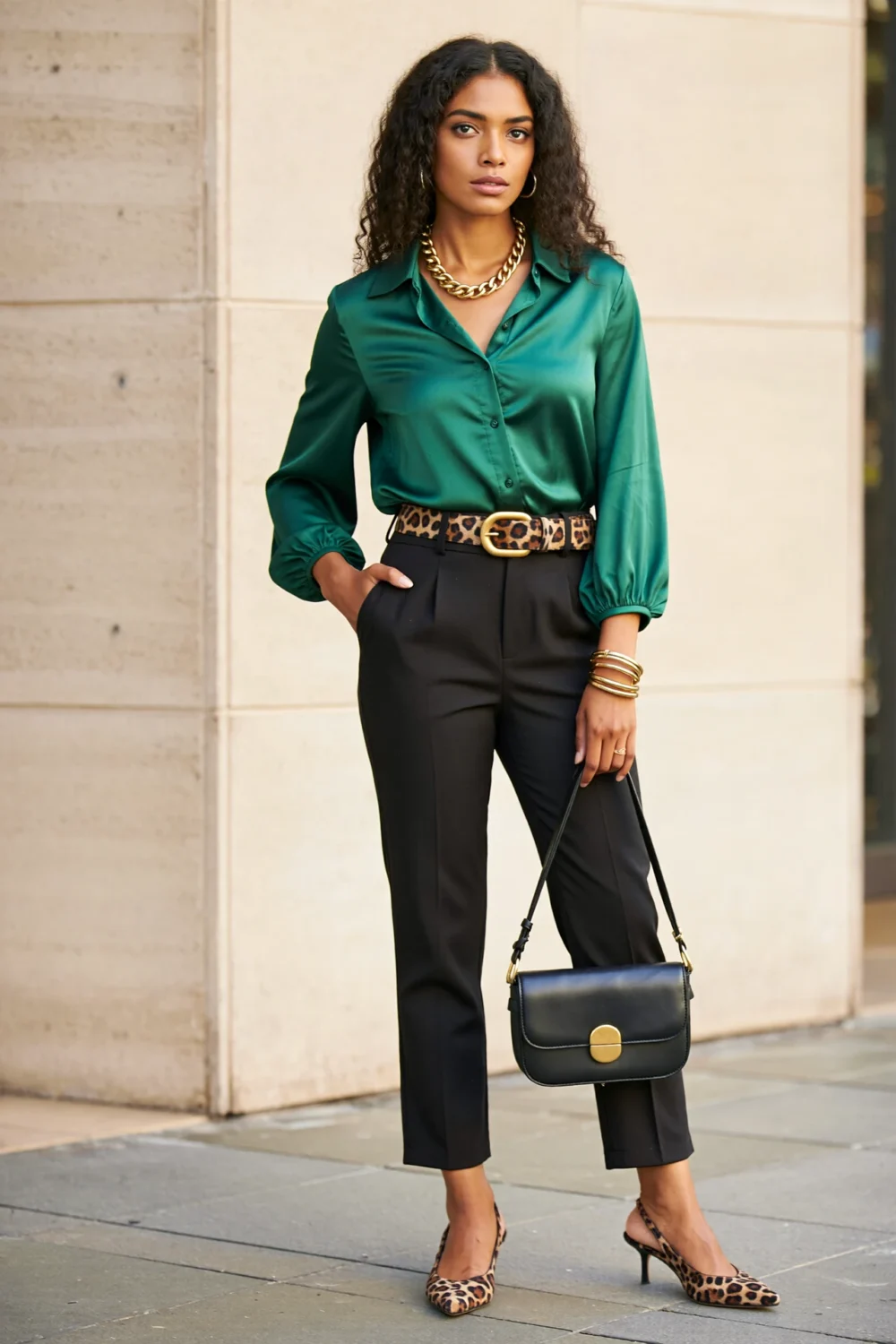 Emerald satin blouse with black cigarette trousers, leopard belt and slingbacks, gold jewelry for a polished green shirt black pants look.