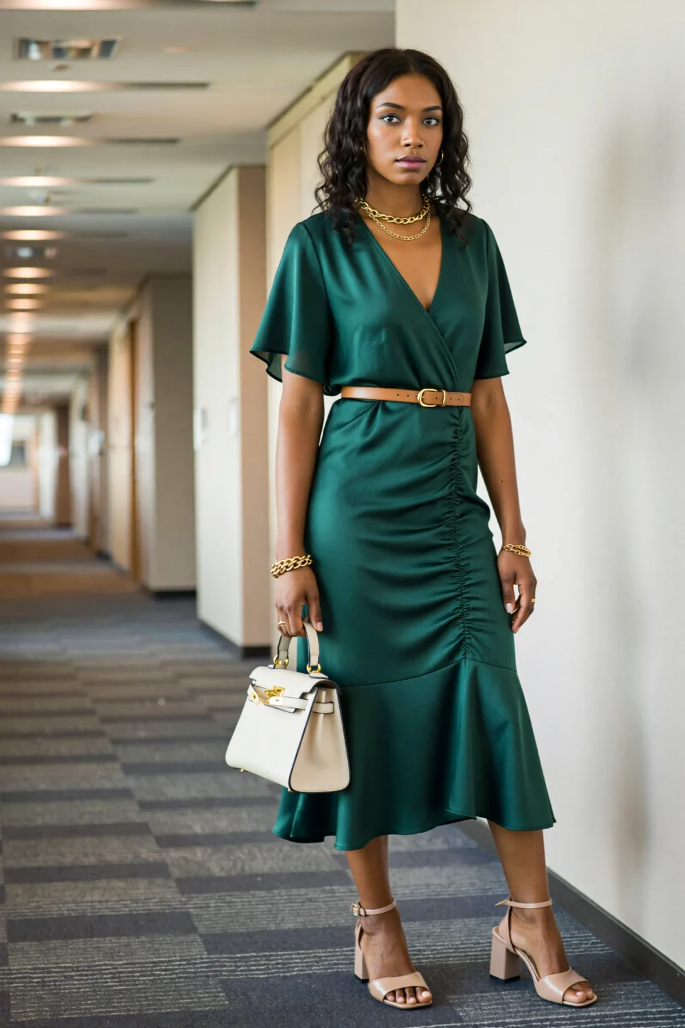 Woman in emerald faux-wrap dress with tan belt, cream mini tote, and nude block heels, styled for a polished summer conference look