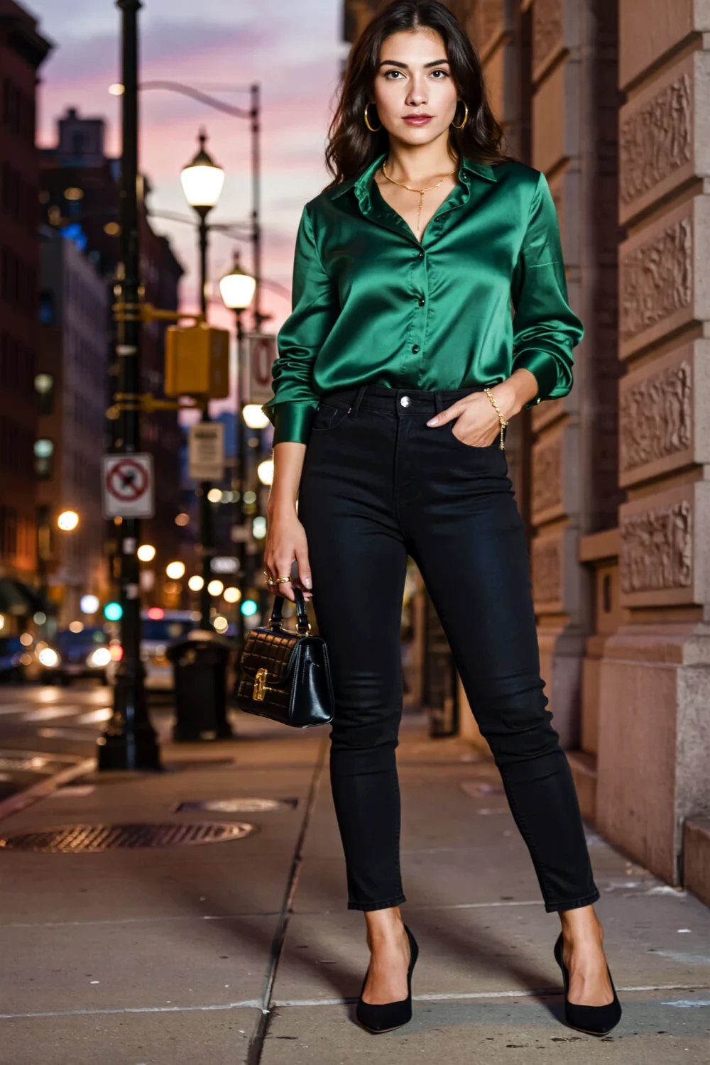 Woman in emerald satin shirt paired with black jeans, black slingback heels, gold jewelry, carrying a small sleek structured bag.