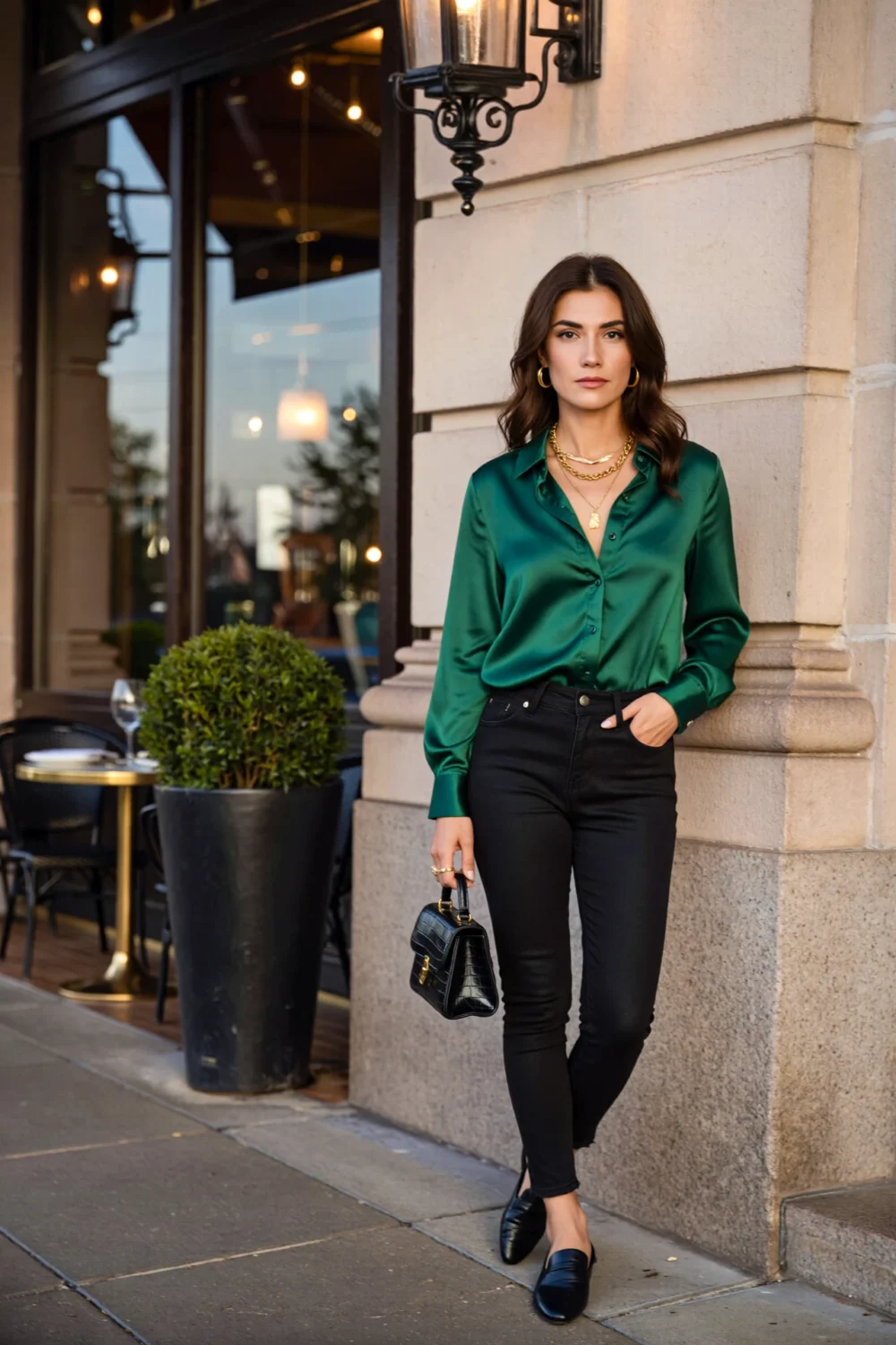Woman in emerald silk button-up tucked into black skinny jeans, layered gold necklaces and hoop earrings, holding a black bag.