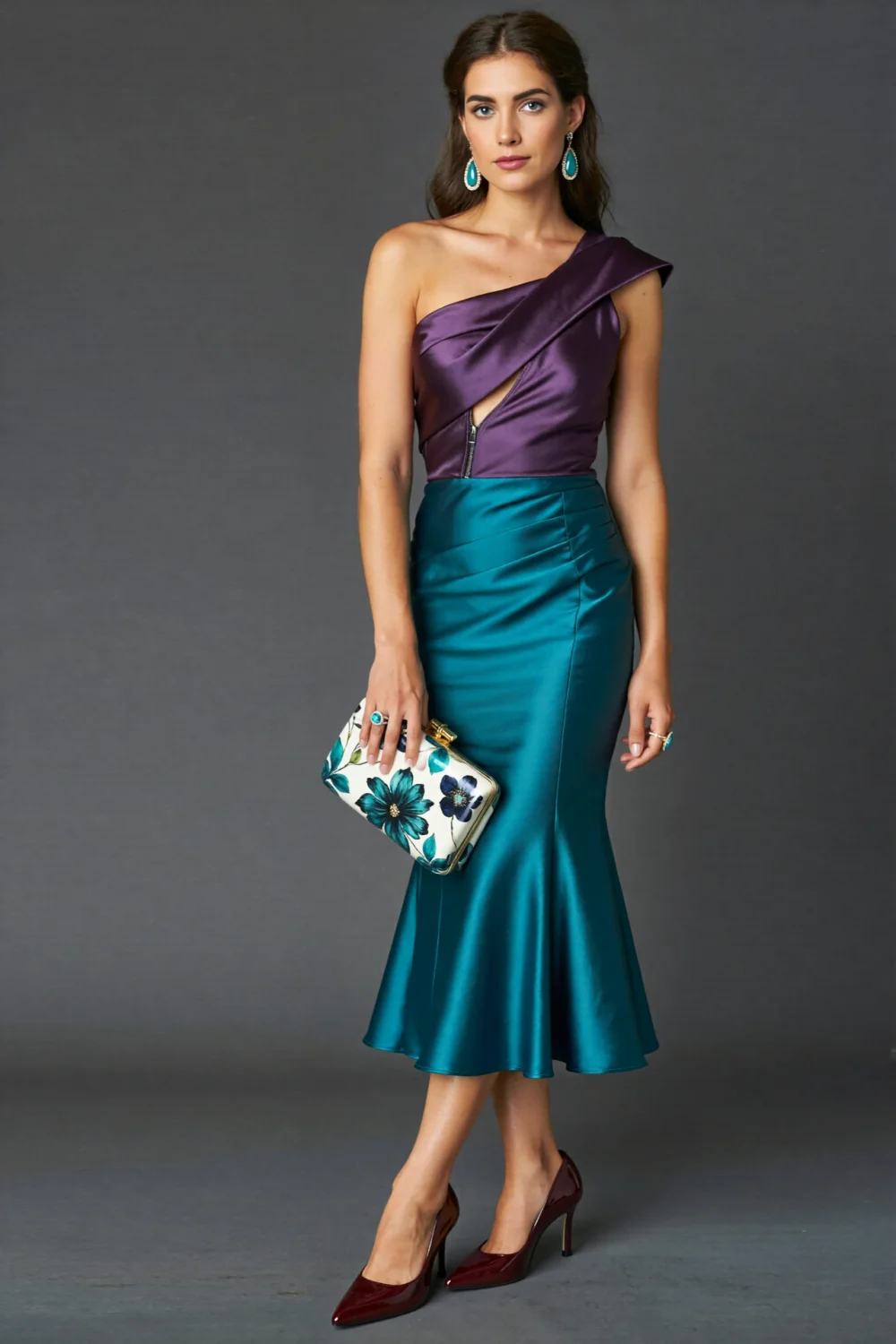 Teal and violet gala outfit with asymmetric satin wrap bodice, floral clutch, lagoon earrings, and aubergine pumps on gray backdrop