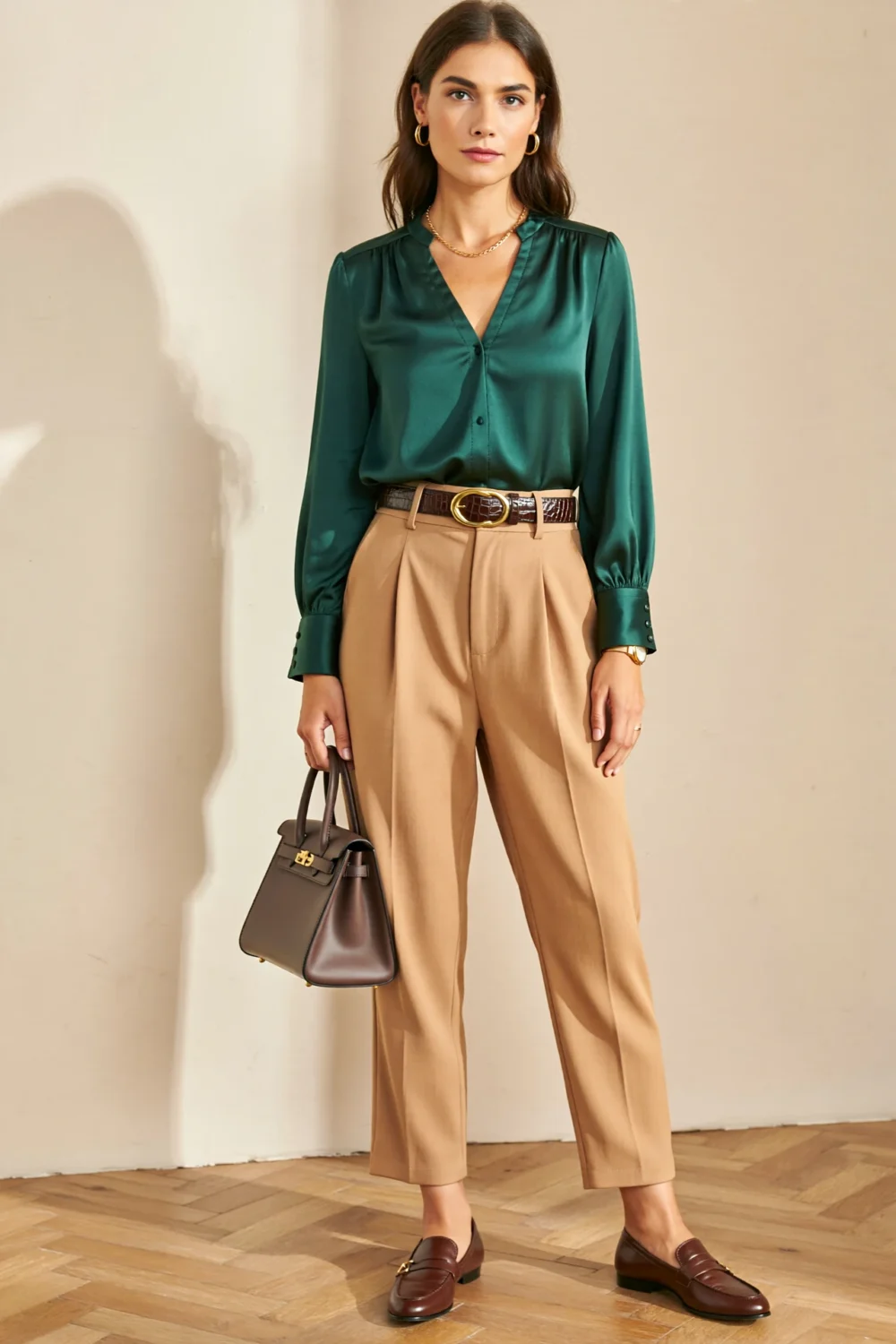 Woman in emerald blouse and camel pleated trousers with brown belt, loafers, and mini tote, creating a polished office-ready look.