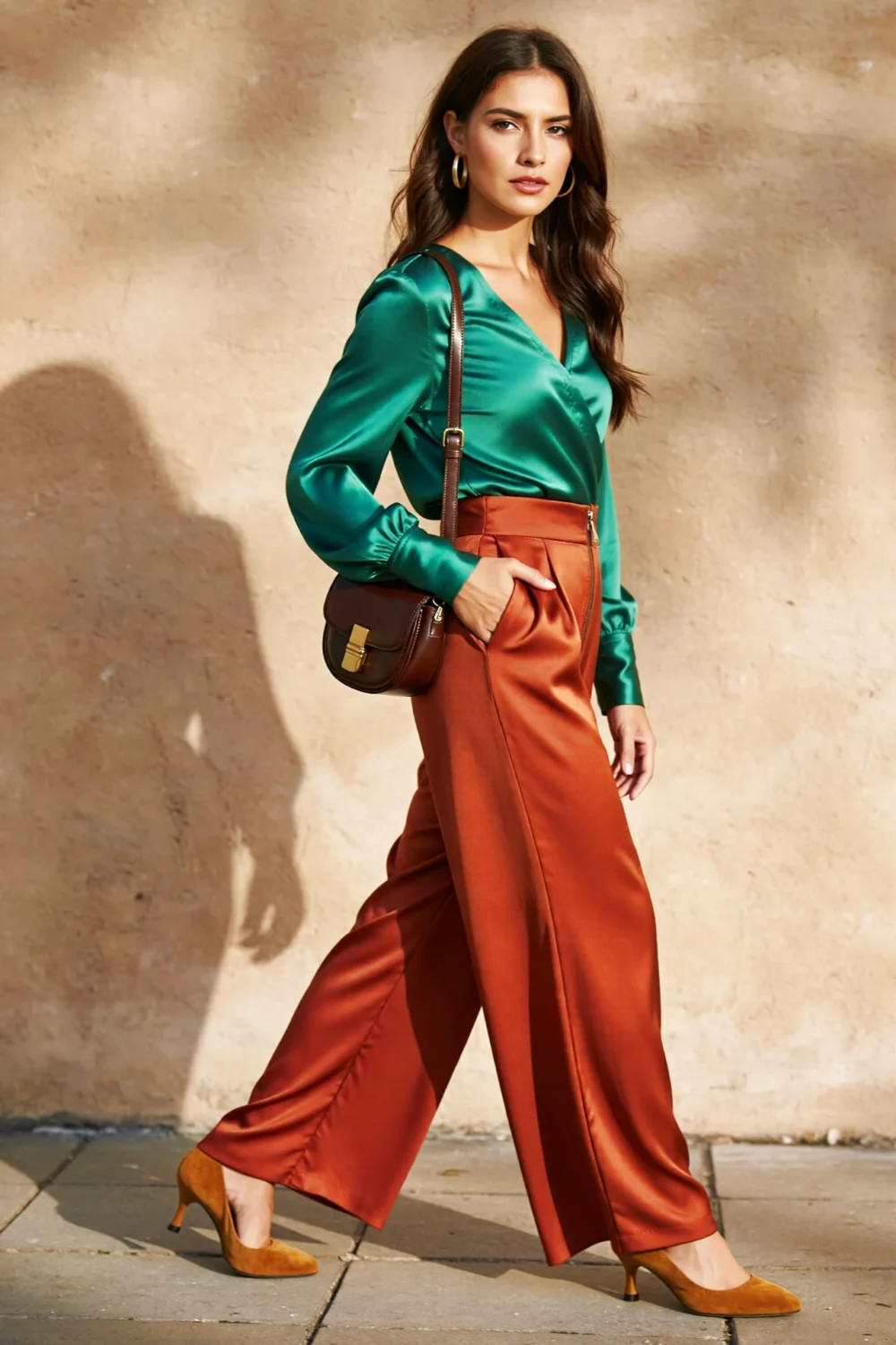 Model in emerald satin top with rust wide-leg trousers, suede heels, and brown crossbody, creating a rich complementary outfit