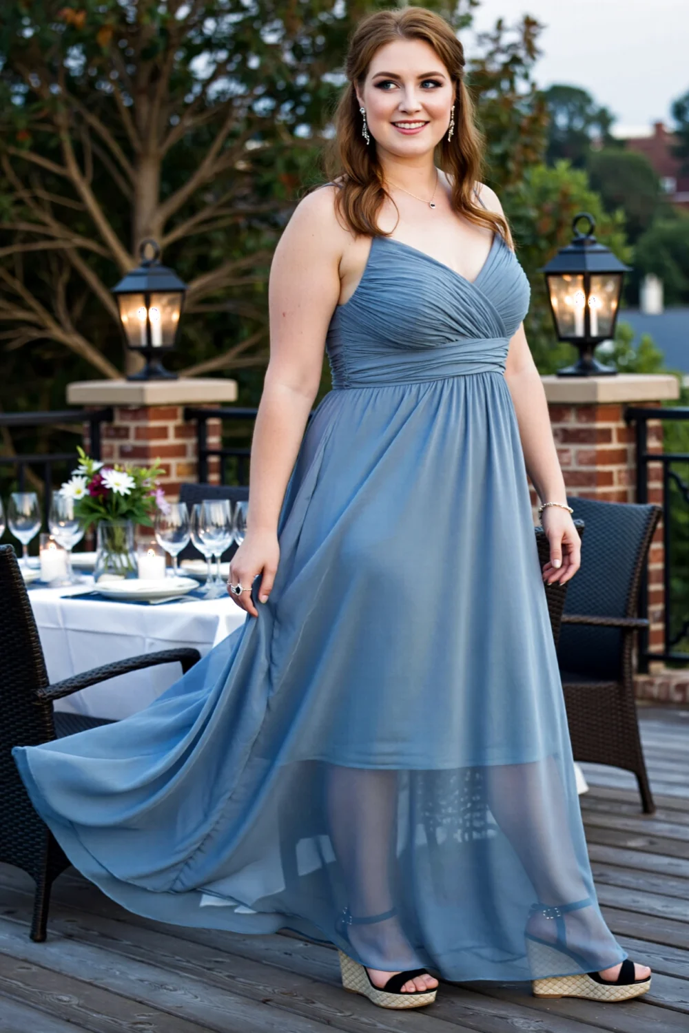 Woman in blue empire-waist maxi on an evening terrace wearing wedges and delicate jewelry by candlelit dinner table and lanterns
