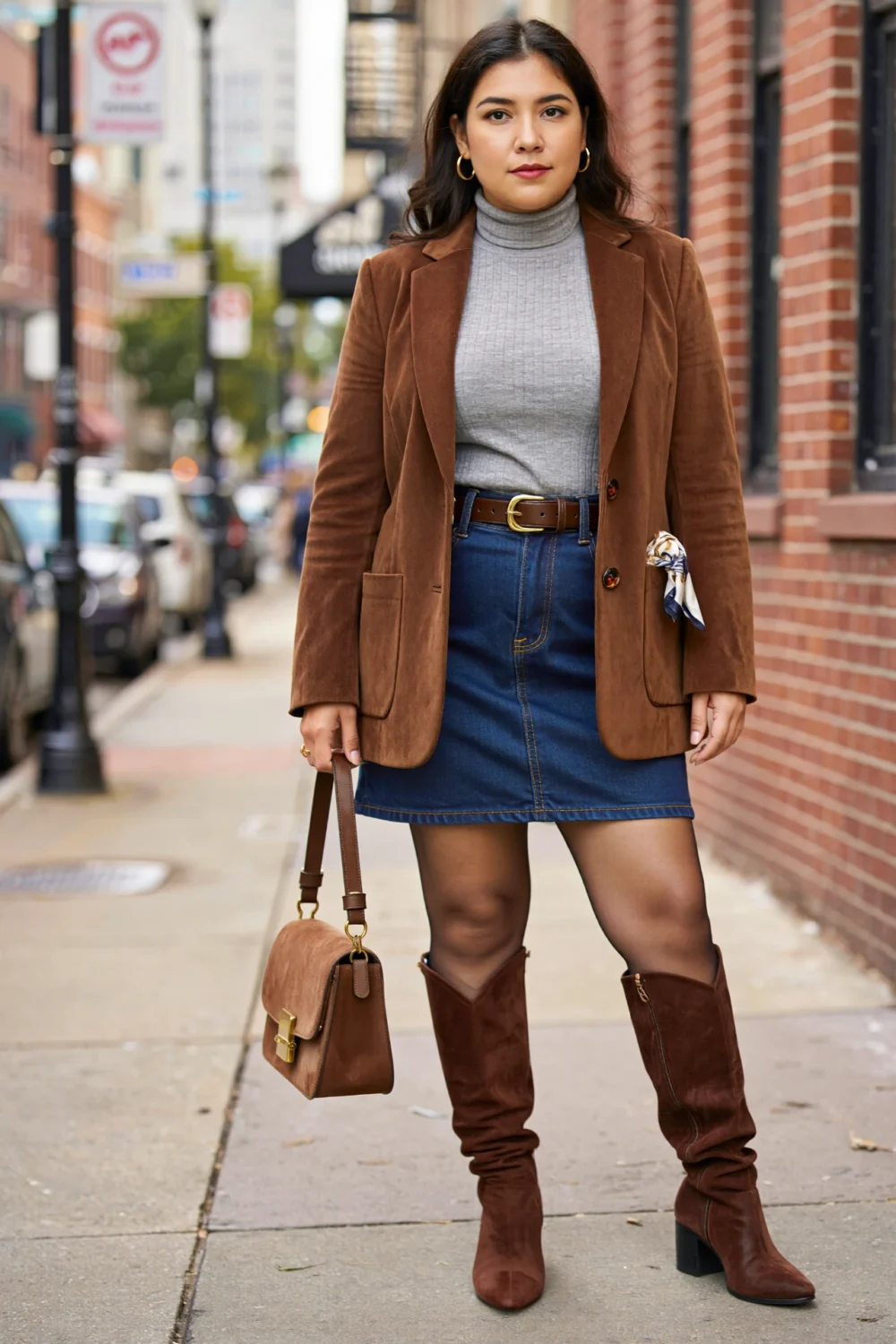 Street-style outfit with gray turtleneck, brown suede blazer, denim mini skirt, and tall suede boots for a polished city-smart look.