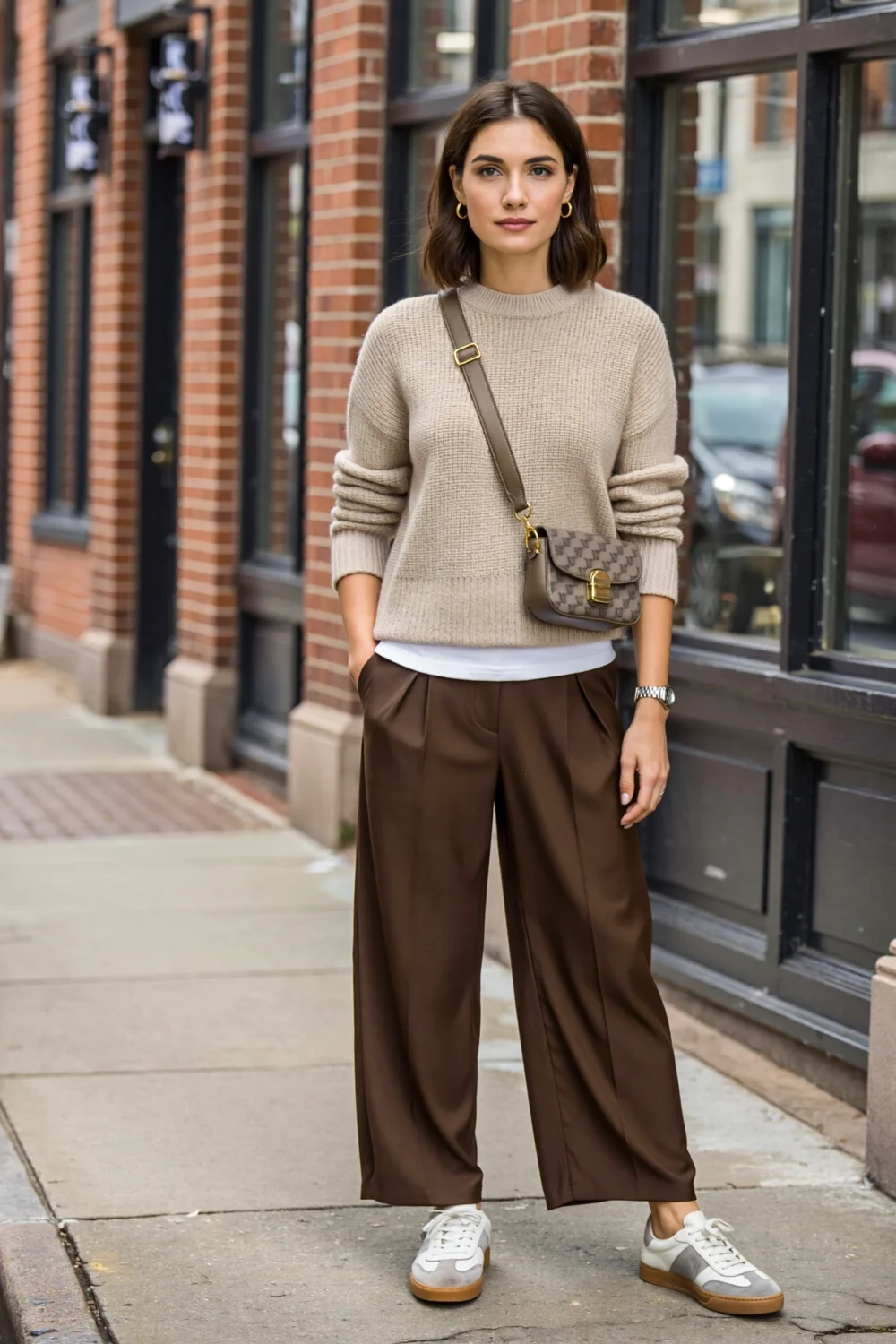 Woman in oatmeal knit, white tee, and chocolate wide-leg trousers with sneakers and crossbody bag on city sidewalk, modern casual style