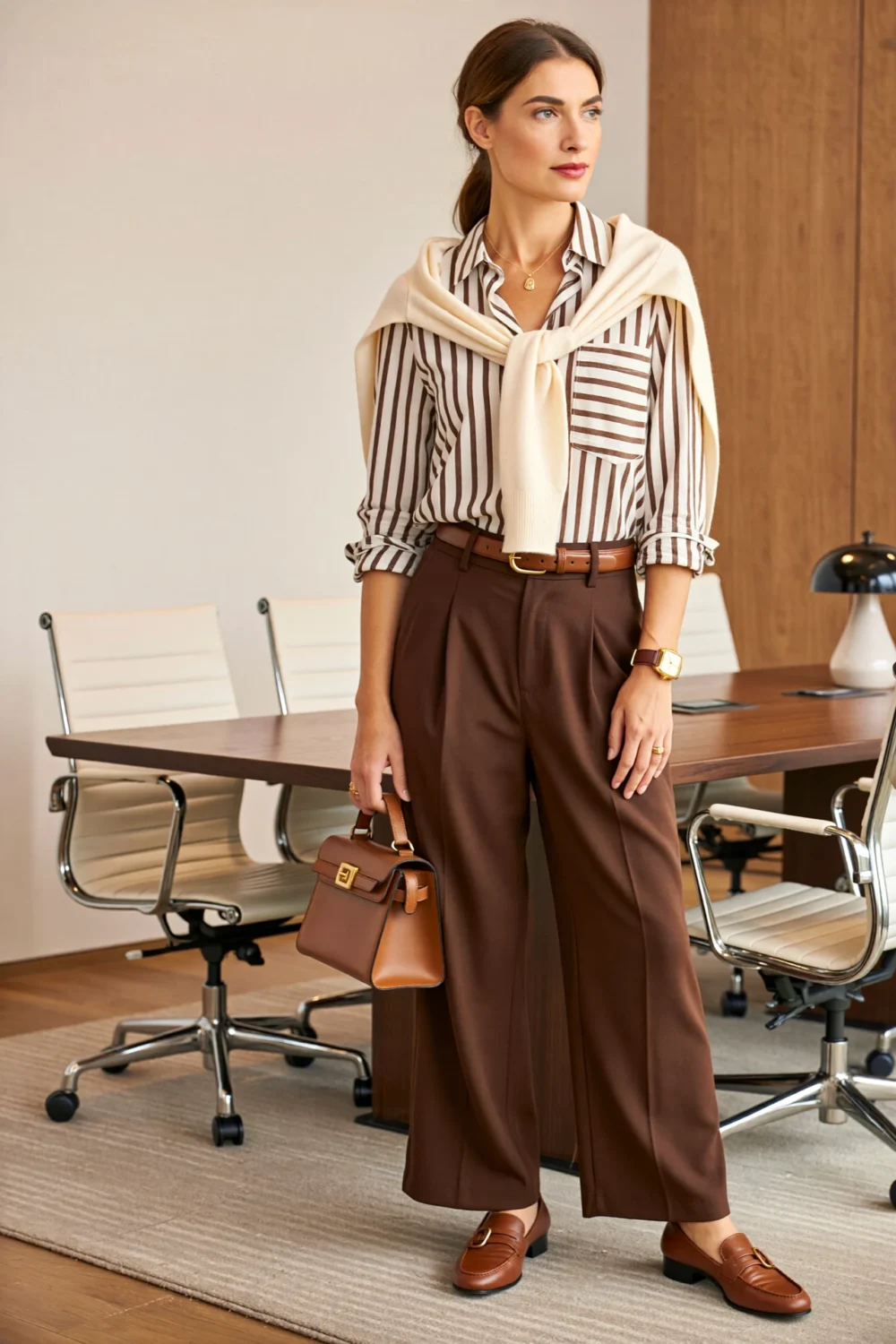 Woman in vertical striped shirt and chocolate wide-leg trousers, styled with oatmeal cardigan and leather bag for polished office authority