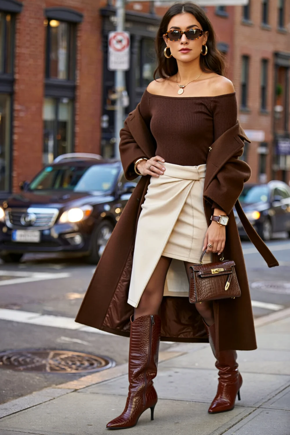 Street style in espresso and ivory: off-shoulder knit, wrap mini, long chocolate coat, and croc boots for a polished glam look