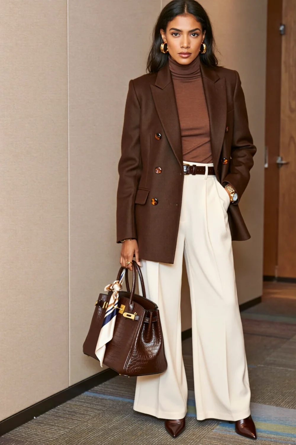 Woman in espresso blazer and cocoa turtleneck with ivory wide-leg trousers, brown pumps, and gold accents for a polished power look