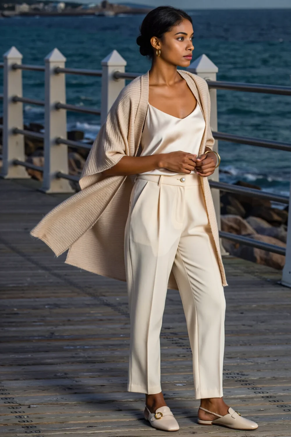 Elegant evening beach outfit with ecru linen trousers, cashmere-silk wrap, and sleek cami, styled on a breezy waterfront boardwalk.