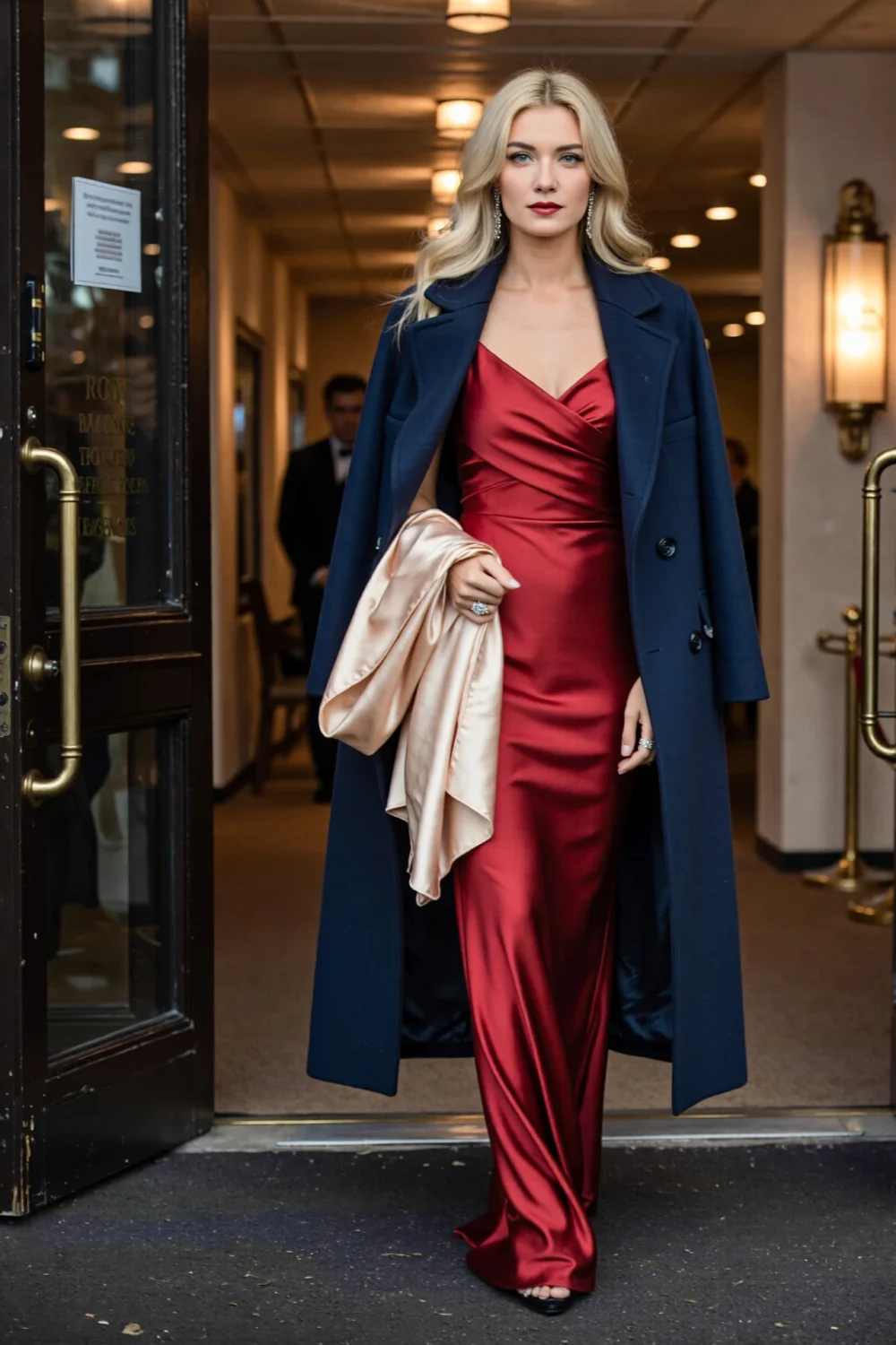 Woman exiting venue in a red satin evening gown with a navy opera coat draped over shoulders, holding a pale silk wrap, elegant.