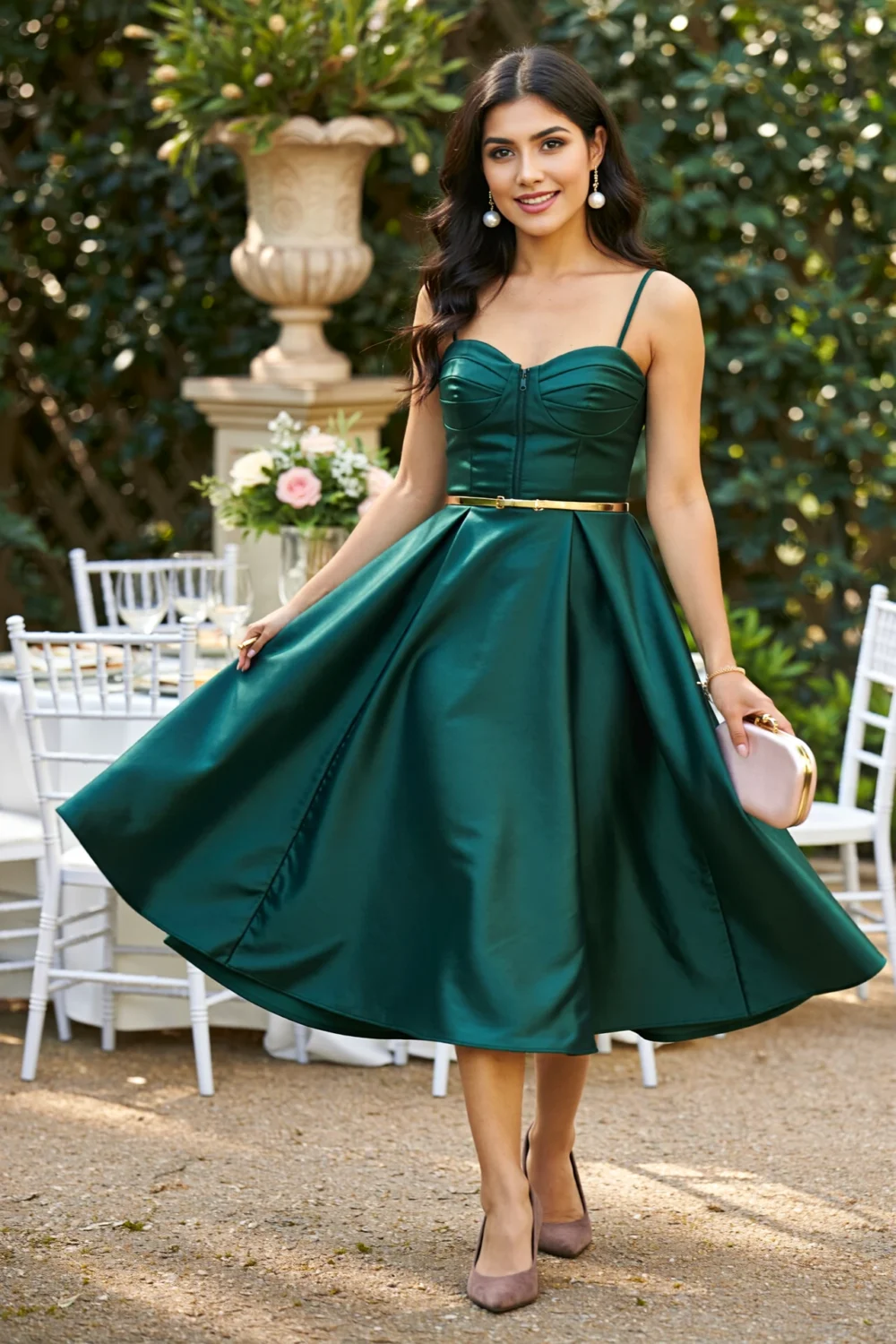 Woman in forest-green fit-and-flare midi dress with sweetheart bodice, full skirt, and gold belt at a garden soirée table