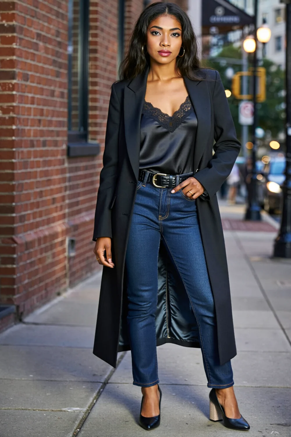 Woman in dark denim, satin camisole, and long black blazer, creating a sleek elevated fall theater outfit with tailored polish