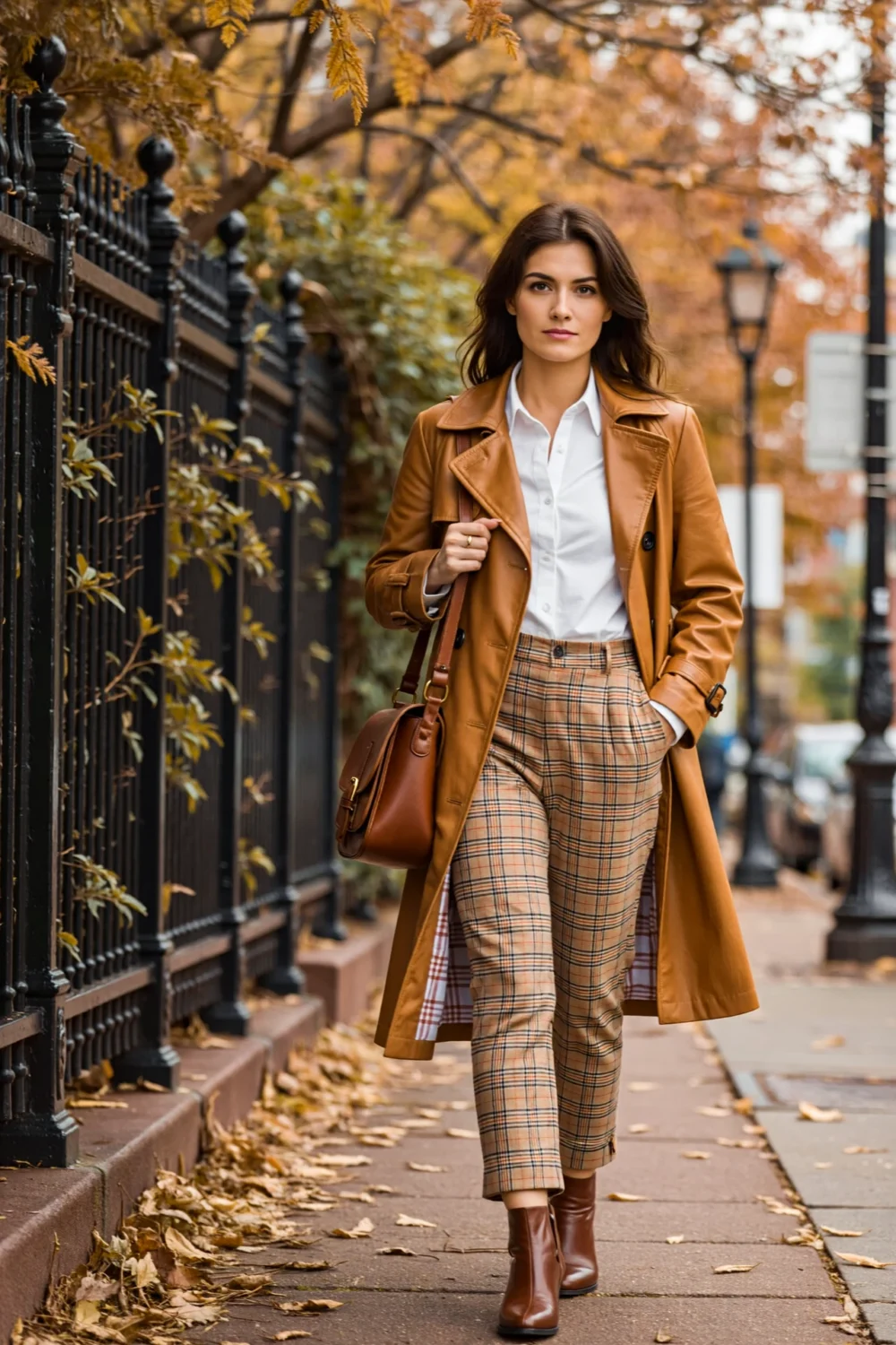 Woman in camel trench, white shirt and plaid pants, styling fall plaid with ankle boots and leather satchel on an autumn street