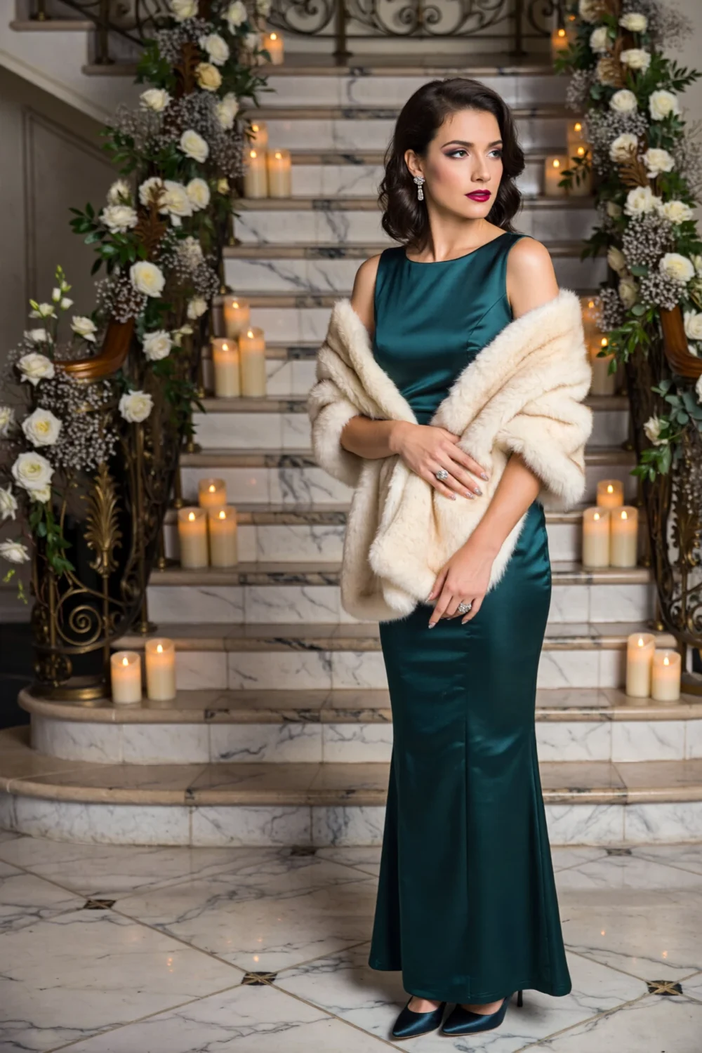 Elegant woman in teal satin gown draped with a cream faux fur stole on marble stairs, plush frame against candlelit floral decor