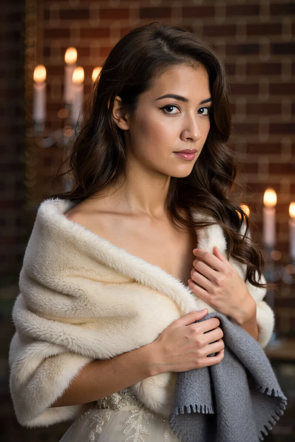 Portrait of woman draped in a cream faux fur stole over shoulders holding a gray cashmere scarf, candlelit brick wall, elegant.