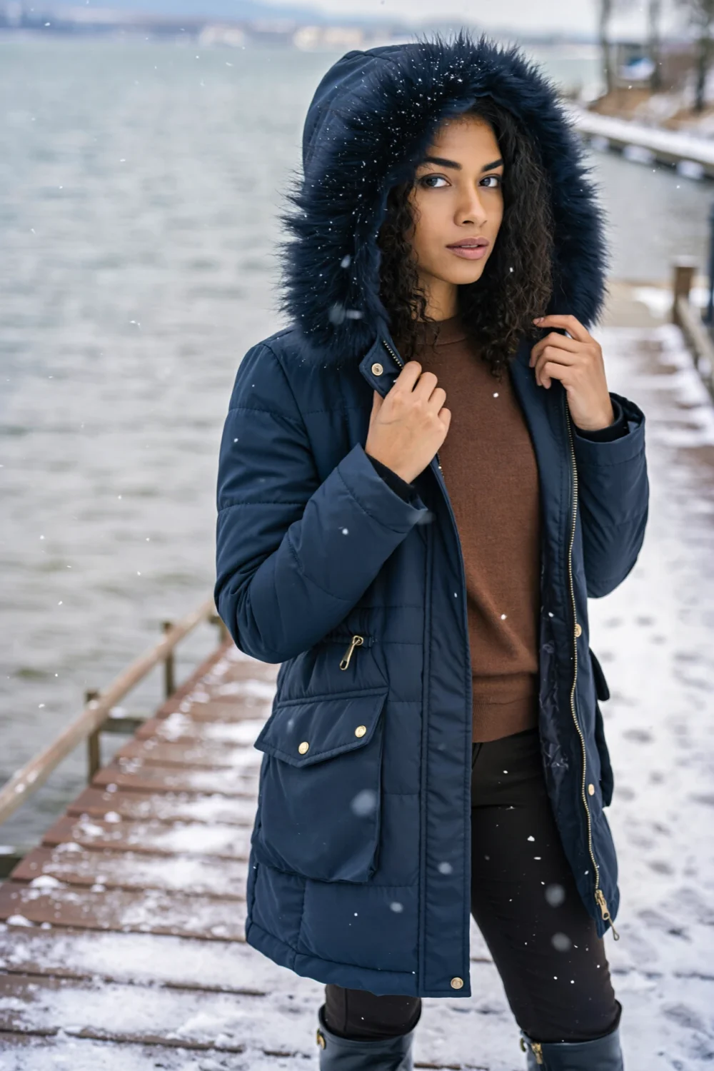 Woman on snowy dock wearing a navy mid-thigh insulated parka with detachable faux-fur hood trim over a merino base layer styled.