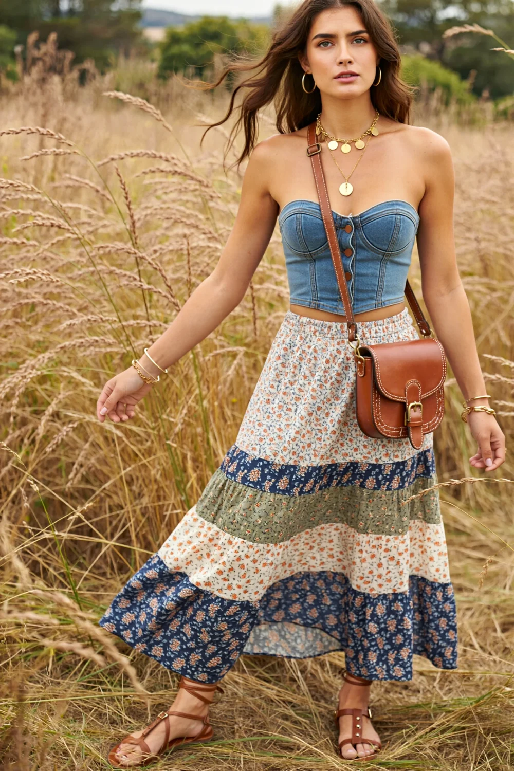 Bohemian festival outfit with denim corset, patchwork maxi skirt, and leather crossbody bag in a breezy field, earthy and feminine