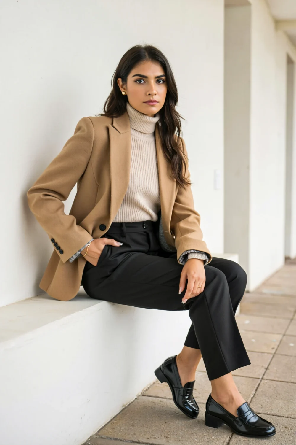 Woman in camel blazer, fine-knit mock neck, and black trousers with loafers, creating a polished, streamlined courtroom-ready look.