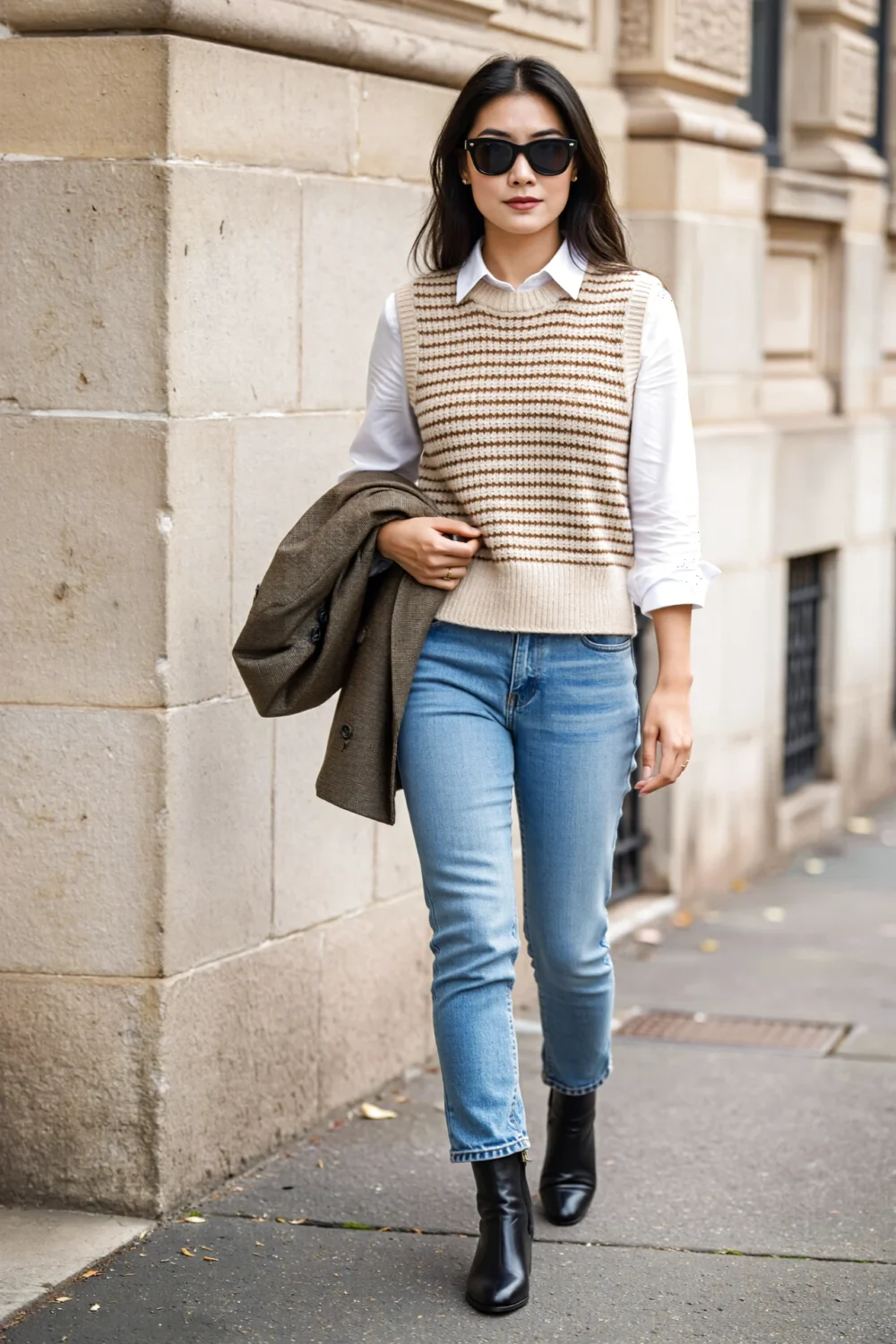 Woman wearing beige fine-knit vest over white shirt, slim light-blue jeans, black ankle boots, sunglasses, blazer draped over arm