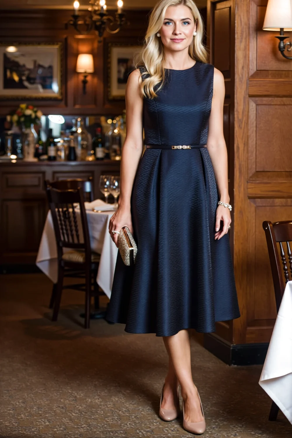 Blonde woman in a navy textured fit-and-flare dress with cinched waist and gold clutch, nude pumps, posing in elegant restaurant