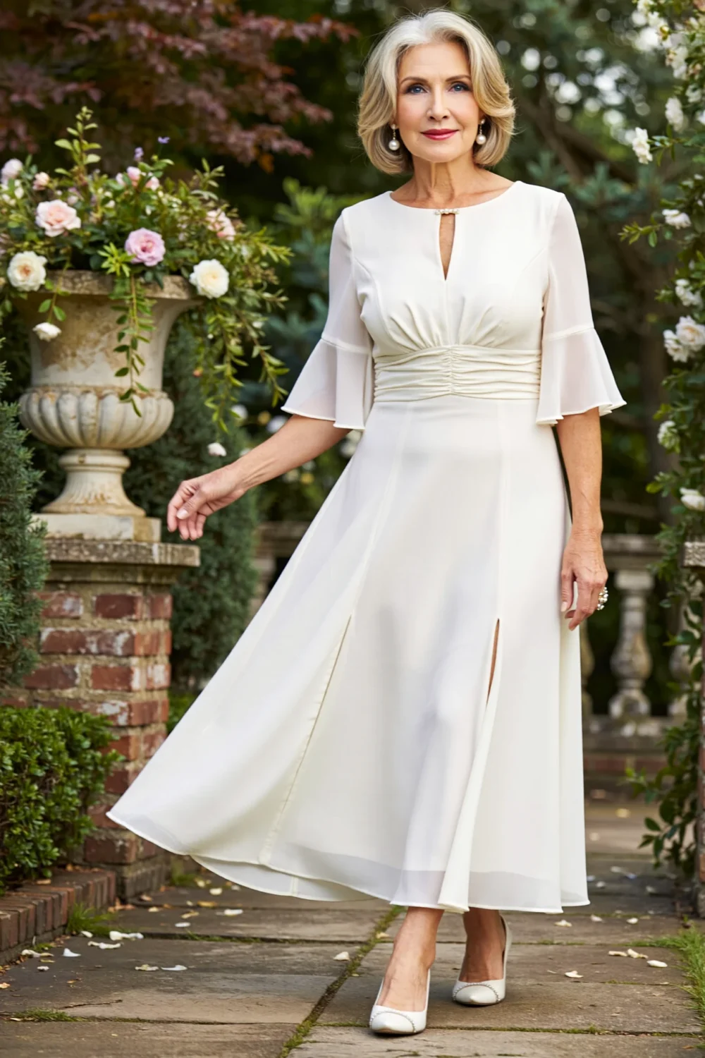 Elegant older woman in a tea-length fit-and-flare wedding guest dress with flutter sleeves, graceful skirt, and subtle luster outdoors