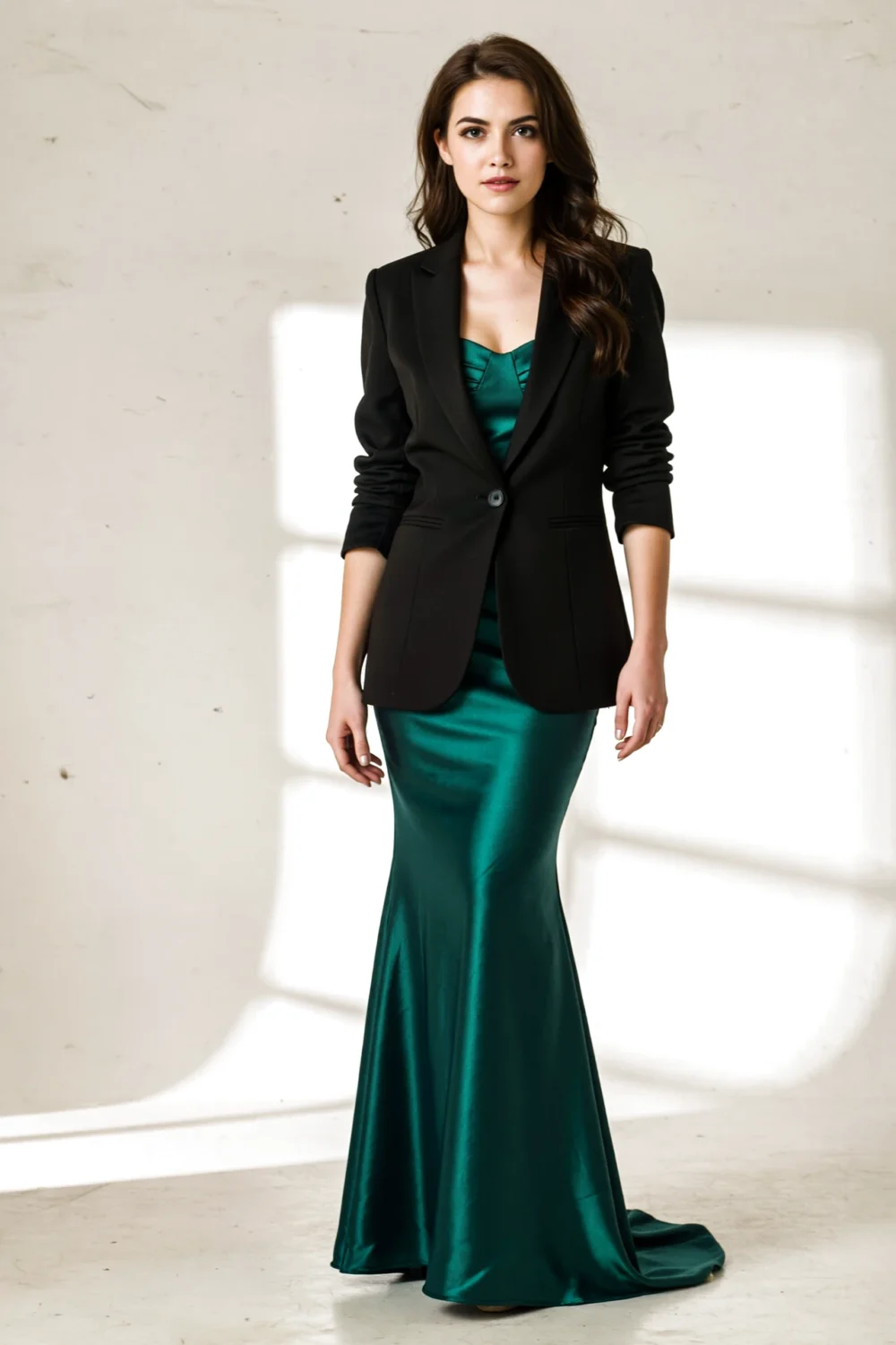 Model in a fitted above-hip black blazer over an emerald green mermaid gown, blazer hugging the torso and following the dress line