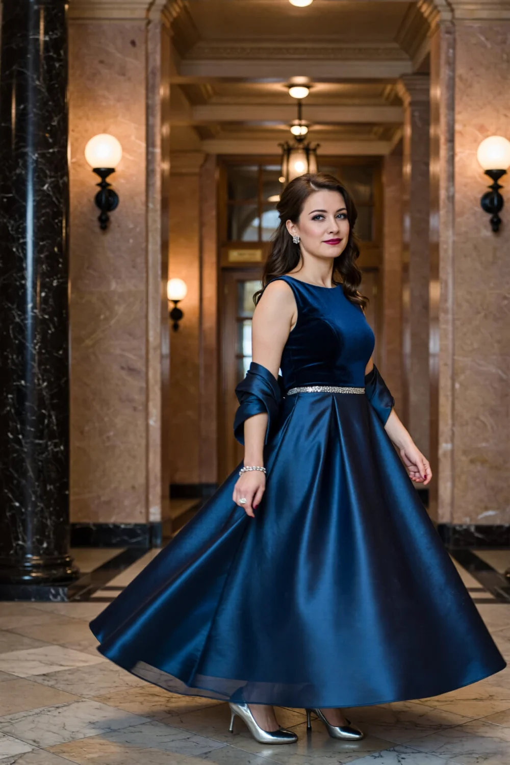 Woman twirling in a navy satin gown with a fitted bodice and flowing skirt, metallic sheen, jeweled belt and silver heels in lobby