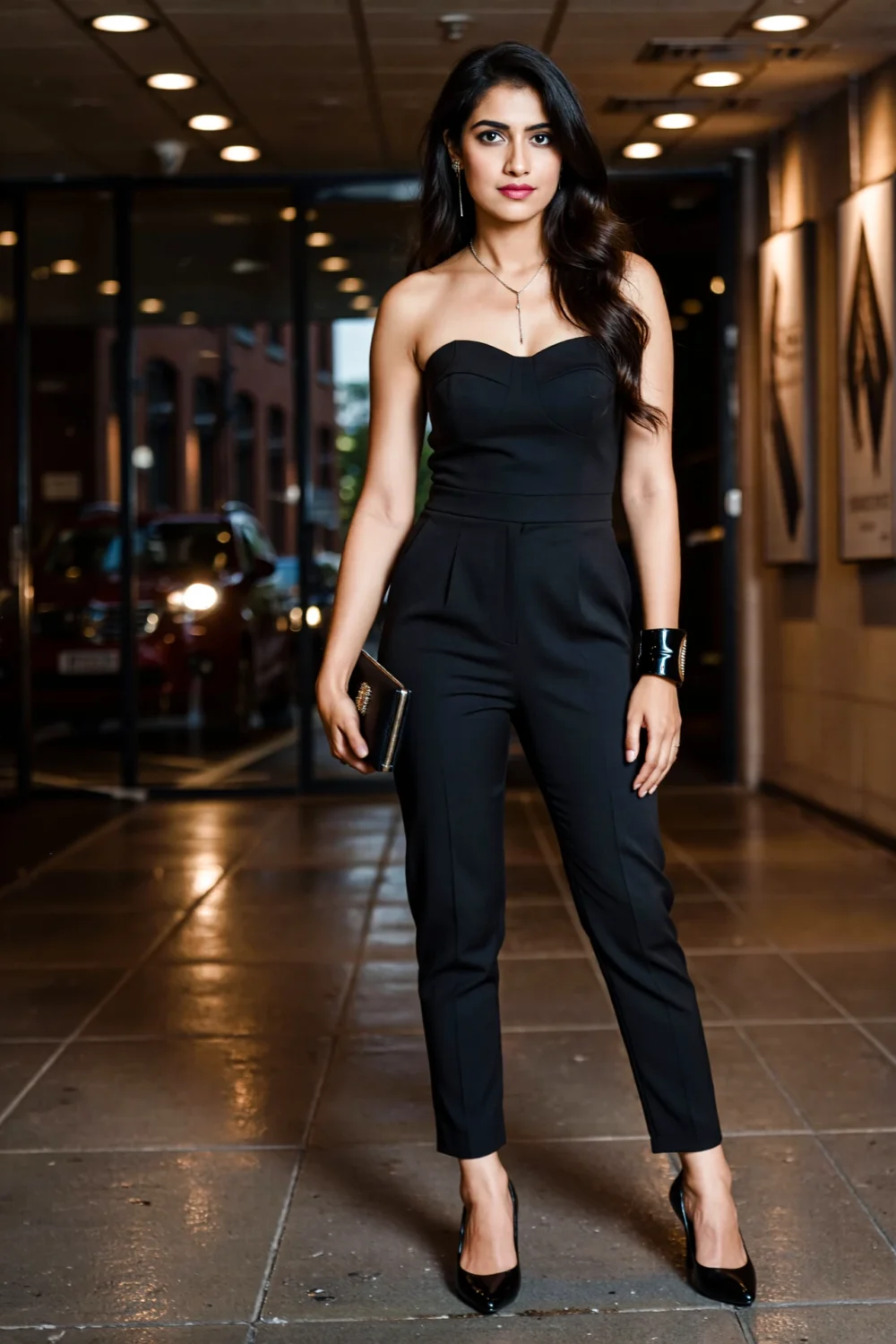 Woman in a sleek black fitted jumpsuit with structured bodice and slim tapered legs, holding a clutch and wearing heels in lobby.