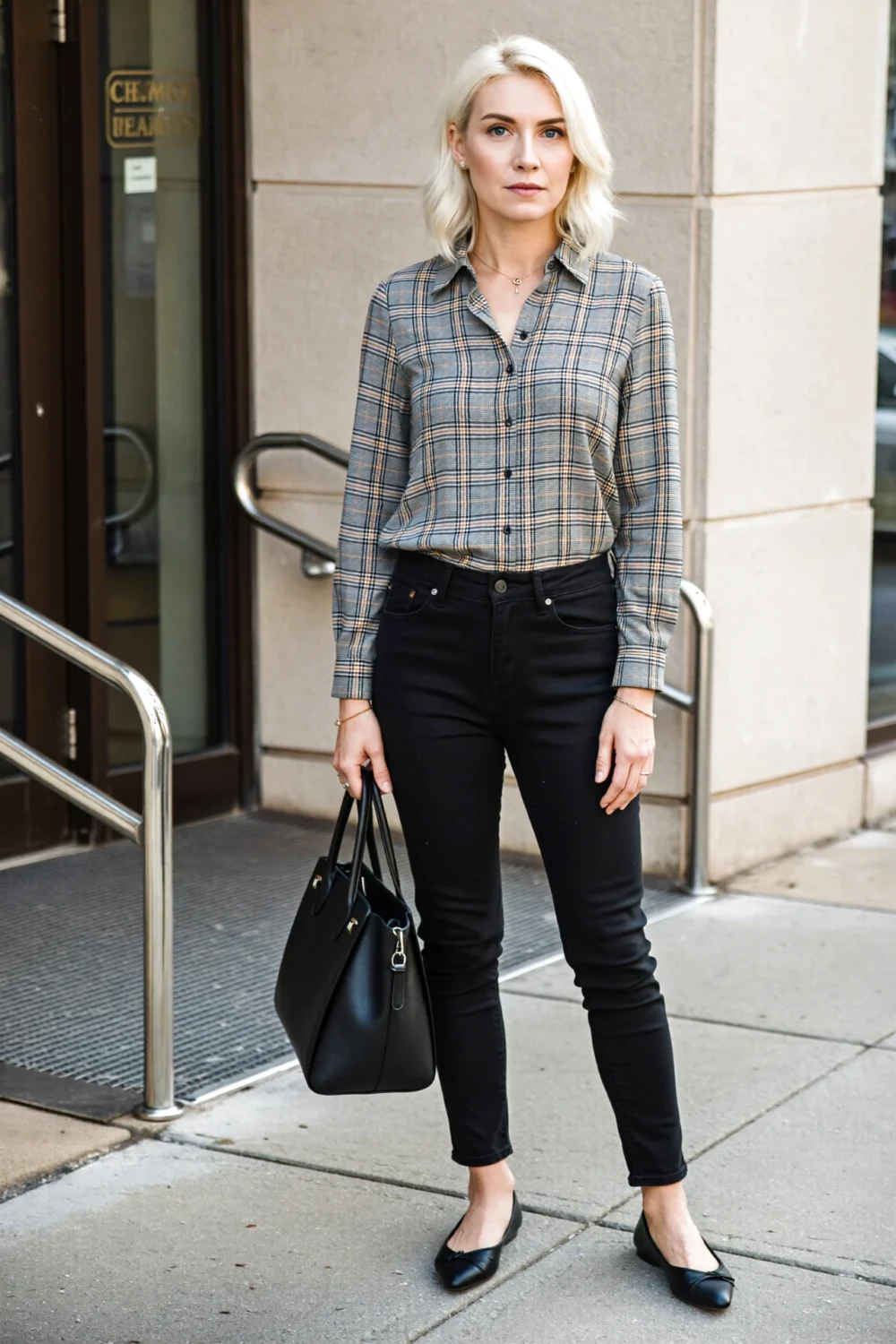 Woman in a fitted tartan blouse tucked into black jeans, carrying a black tote and wearing pointed black flats, minimal jewelry