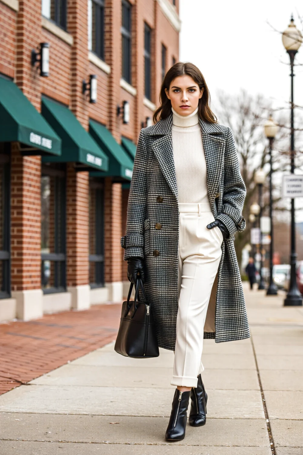 Woman walking on city sidewalk in a fitted turtleneck, lined wool ankle trousers, tailored knee-length coat and heeled ankle boots