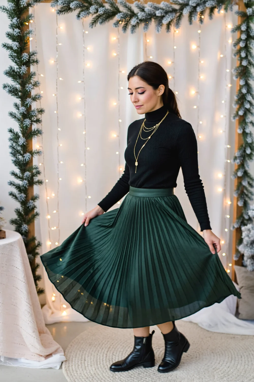 Woman in a black fitted turtleneck and emerald pleated midi skirt holding her skirt, gold necklaces, boots, twinkling lights.