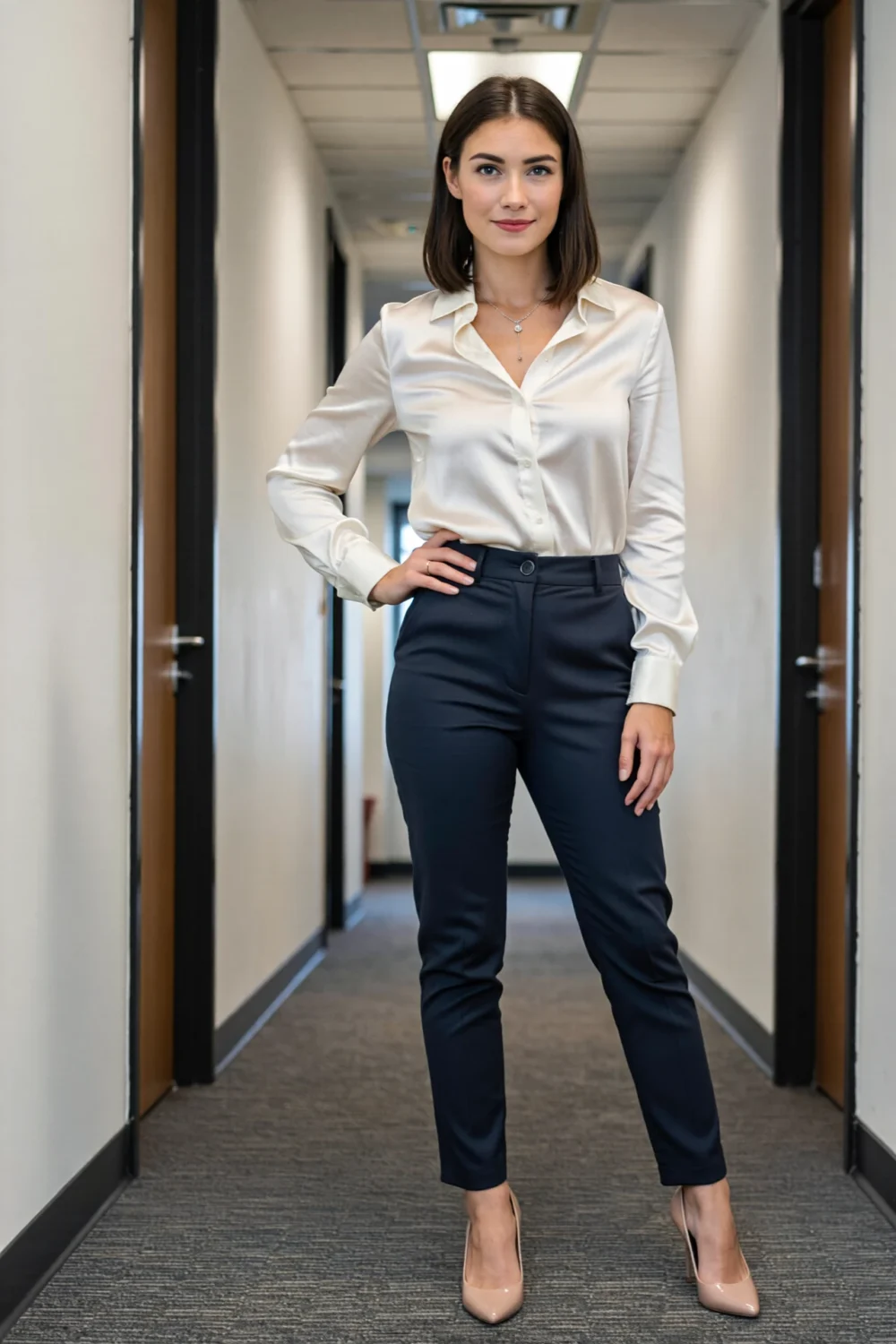Petite woman in a fitted white blouse tucked into navy trousers, nude heels and a delicate necklace for a streamlined office look.
