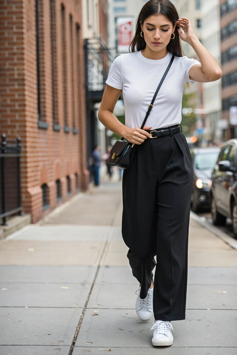 Woman walking in fitted white tee half-tucked into high-waist wide-leg black pants, crossbody, thin belt and sleek white sneakers