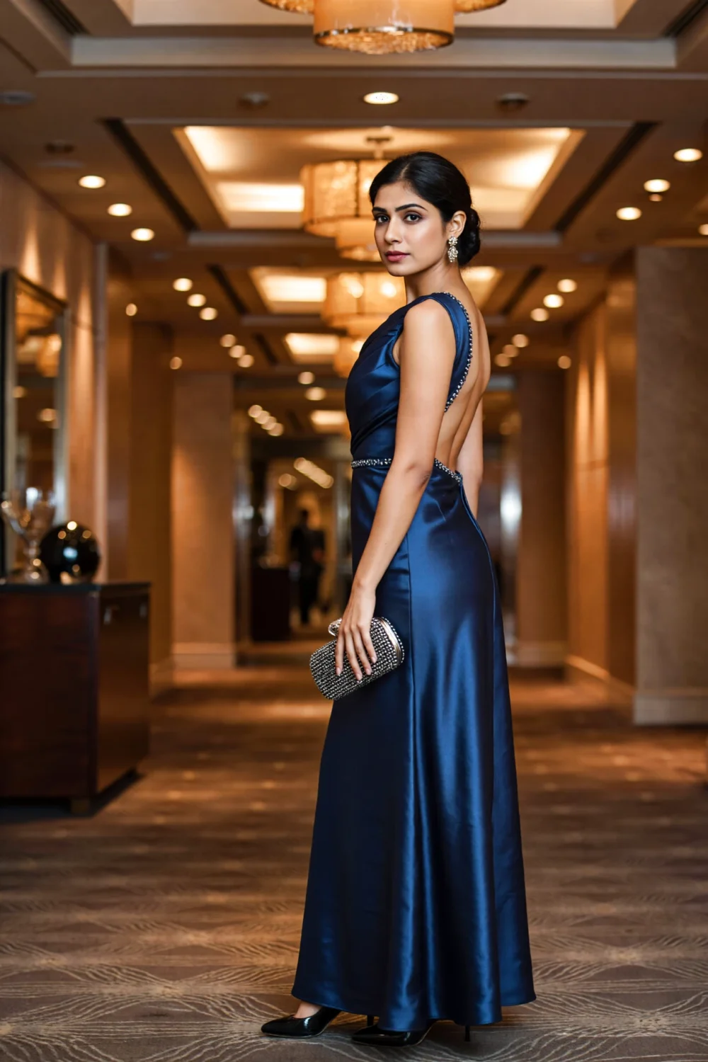 Woman in a floor-length navy satin gown with open back and beaded trim, polished hair, beaded clutch and heels in hotel corridor