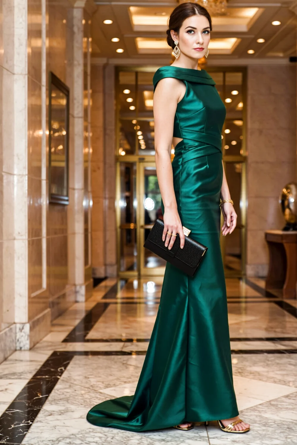 Woman in emerald satin floor-length gown with minimal train, holding clutch in marble lobby for a mini black-tie rehearsal dinner.