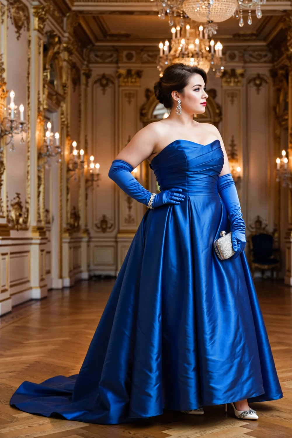Woman in a regal floor-sweeping royal blue satin ball gown with fitted bodice and matching opera gloves in an ornate ballroom.