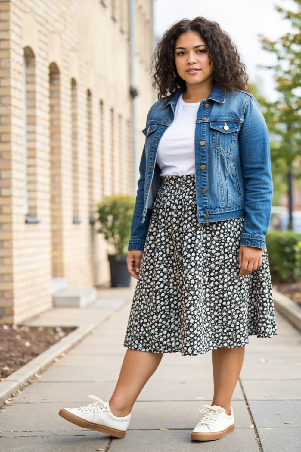 Woman in floral A-line midi skirt, white tee, denim jacket and sneakers styling a pretty practical brunch outfit outdoors