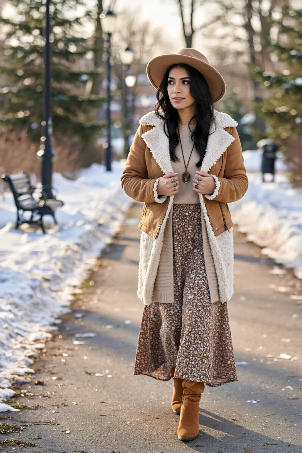 Woman in wide-brim hat, shearling coat and chunky cardigan over a floral maxi with suede boots on a snowy park path, boho winter