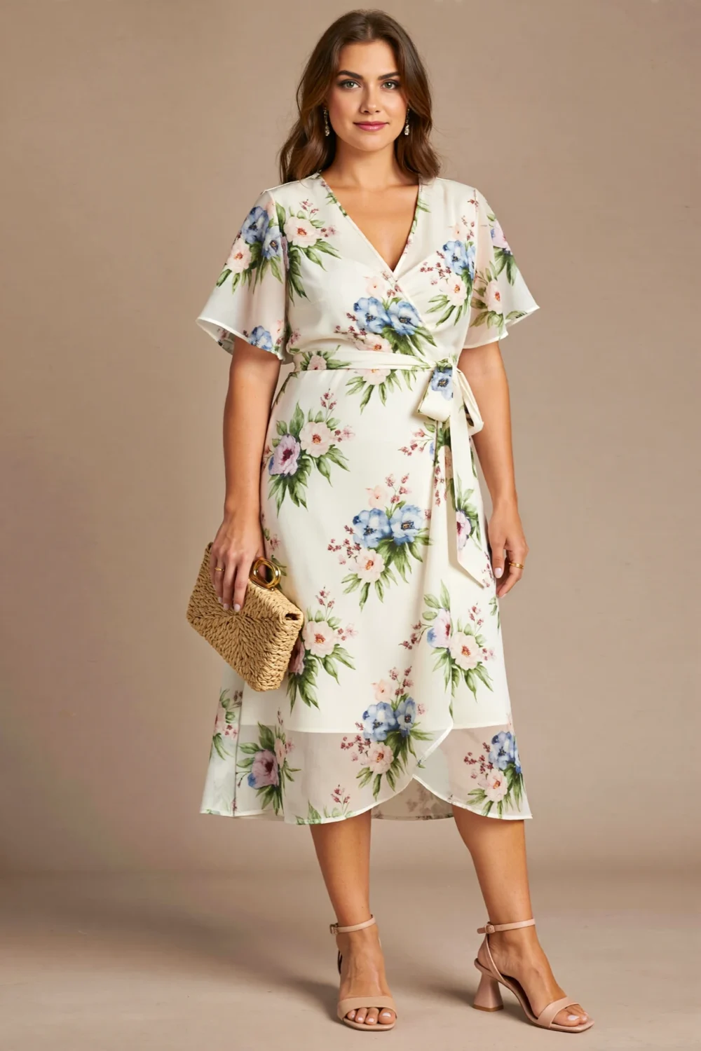 Floral midi wrap dress with flutter sleeves, raffia clutch, and nude kitten-heel sandals for a polished, christening-ready look