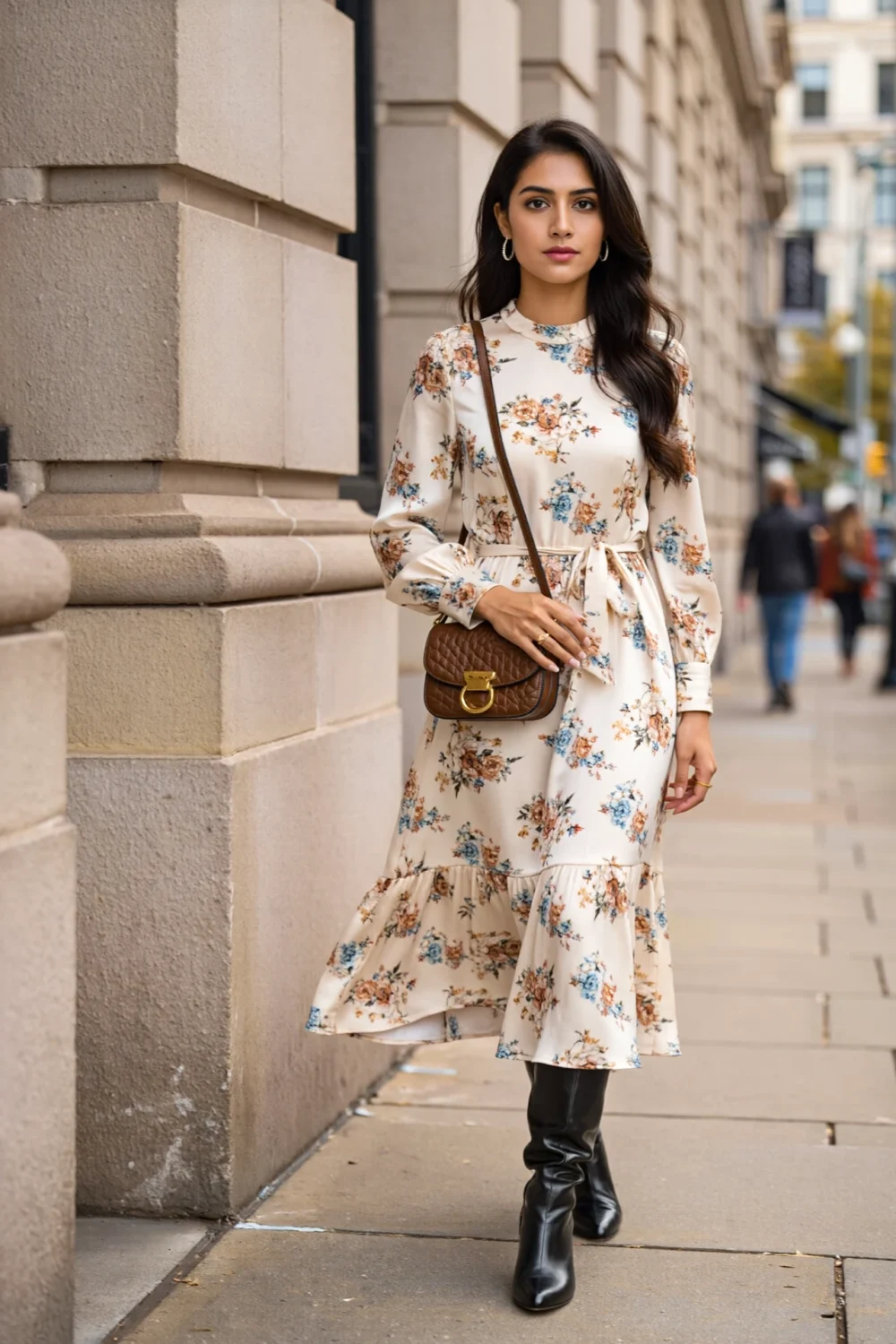Woman in a floral midi dress with black sock boots and brown crossbody, styled for a polished, city-ready theater look