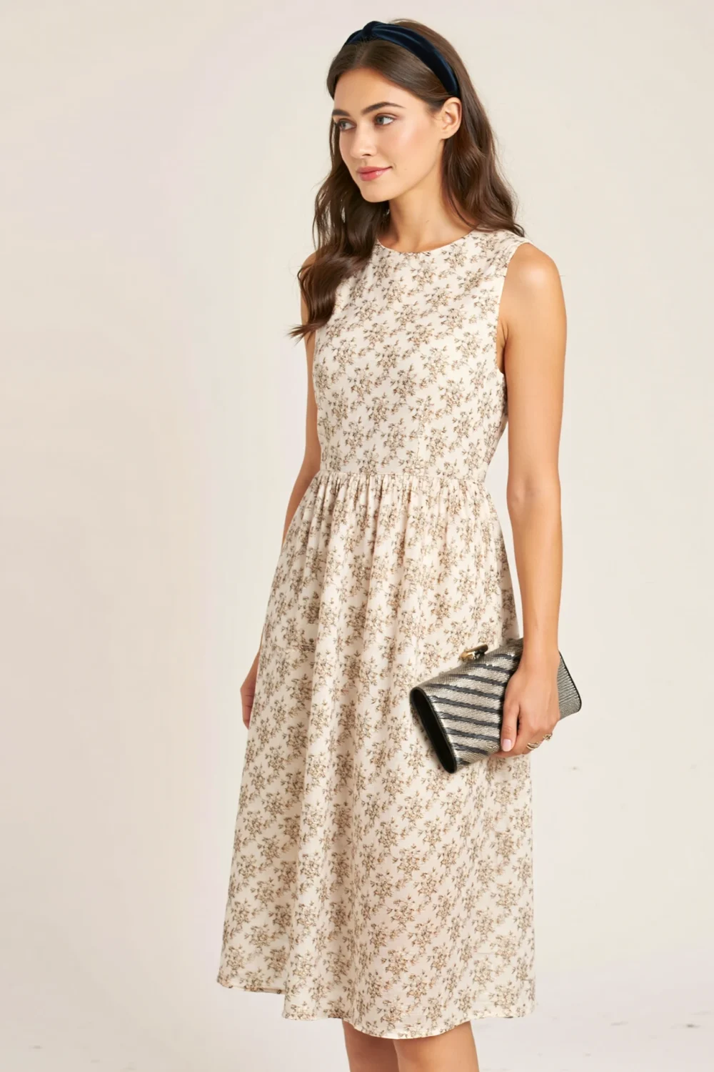 Woman in floral tea-length christening dress with velvet headband and striped clutch, elegant mid-calf look