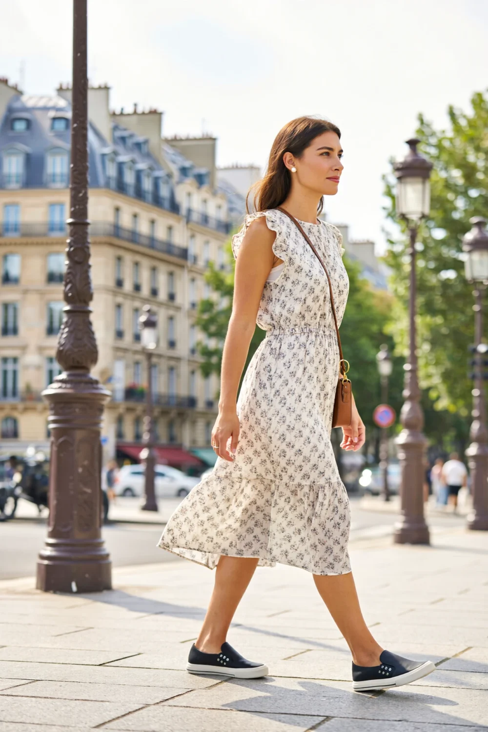 Woman in floral midi dress with slip-on sneakers and crossbody bag, walking city streets in a breezy summer outfit